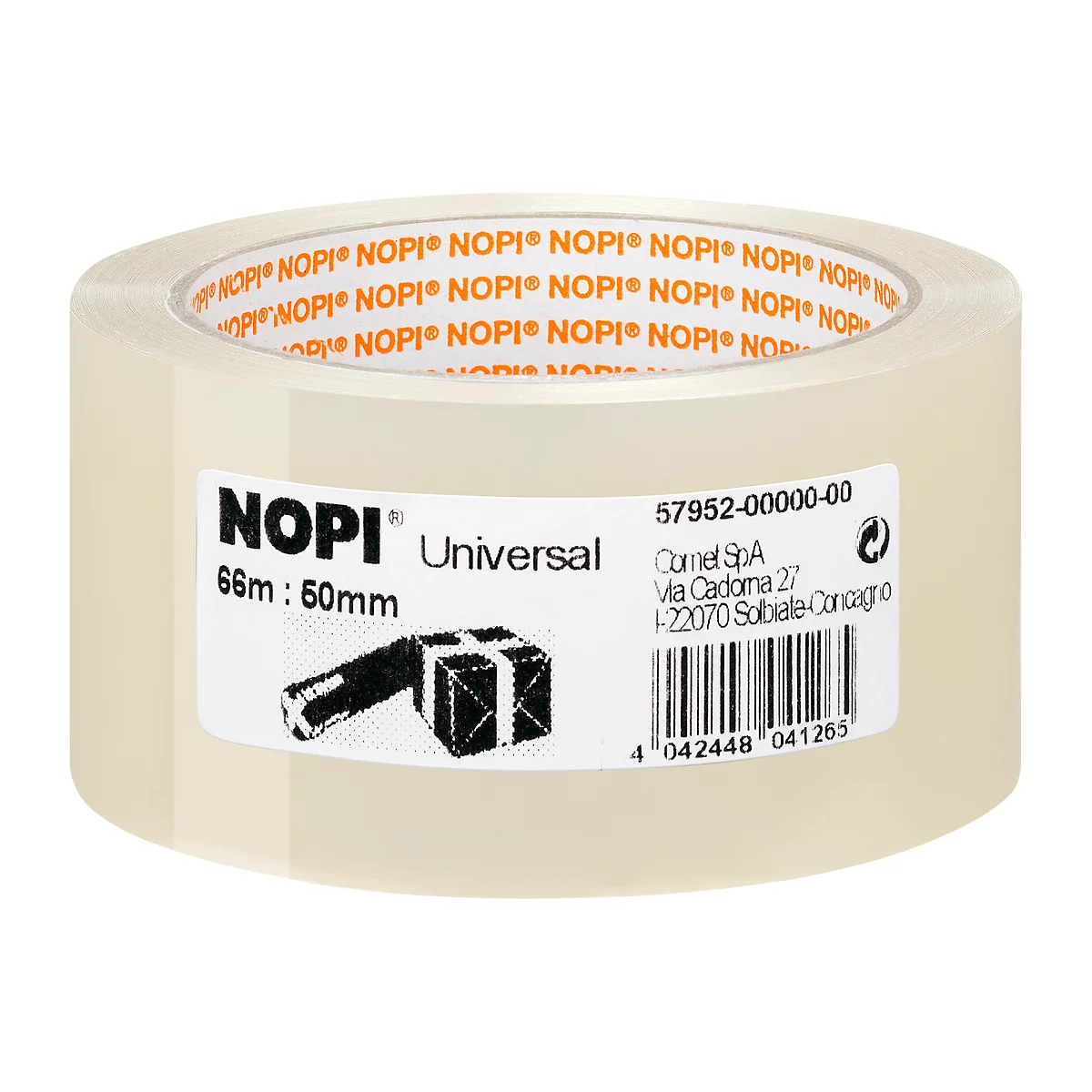 Roll of transparent tape, label with product information, packaging symbol.