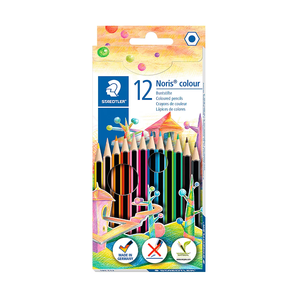 Pack of 12 Noris Colour pencils, text on packaging.
