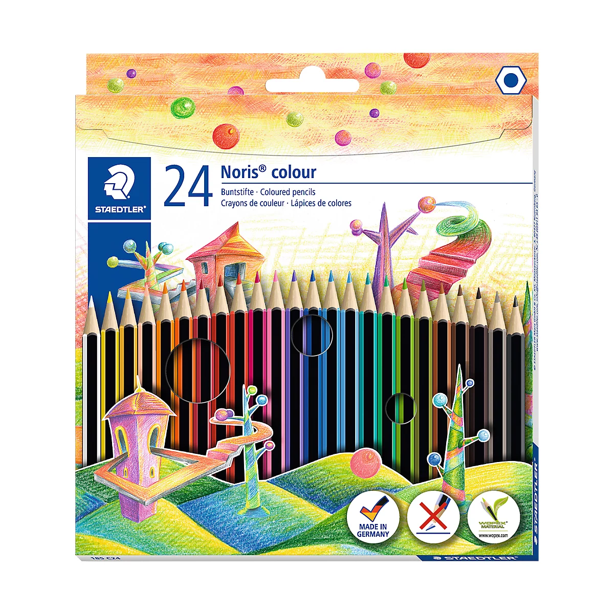 Set of 24 Staedtler Noris colored pencils in a colorful cardboard box. Illustrations and text are on the packaging.