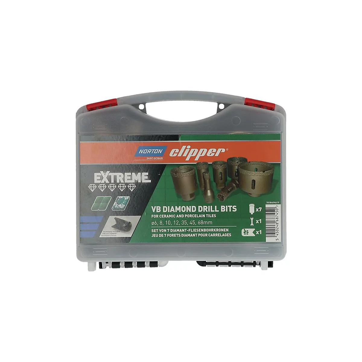 Norton Clipper Fliesenbohrkoffer Extreme VB, Ø 6-68 mm, Typ Sanitär, Diamantbohrkronen, M14-Anschluss, 9-teilig