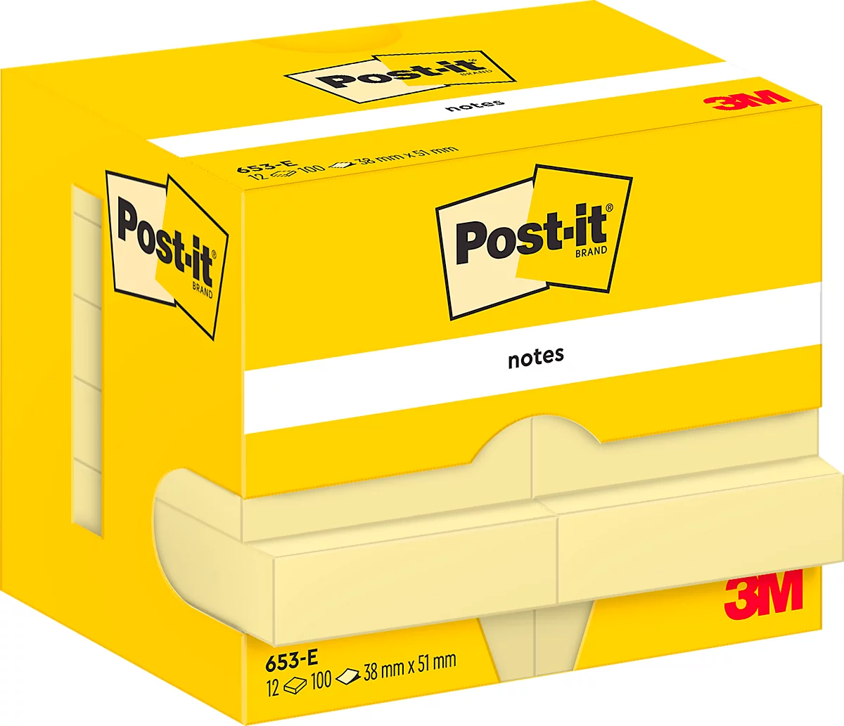 Notas adhesivas POST-IT 653, 51 x 38 mm, autoadhesivas, removibles, embalaje sin celofán, 12 x 100 hojas, amarillo