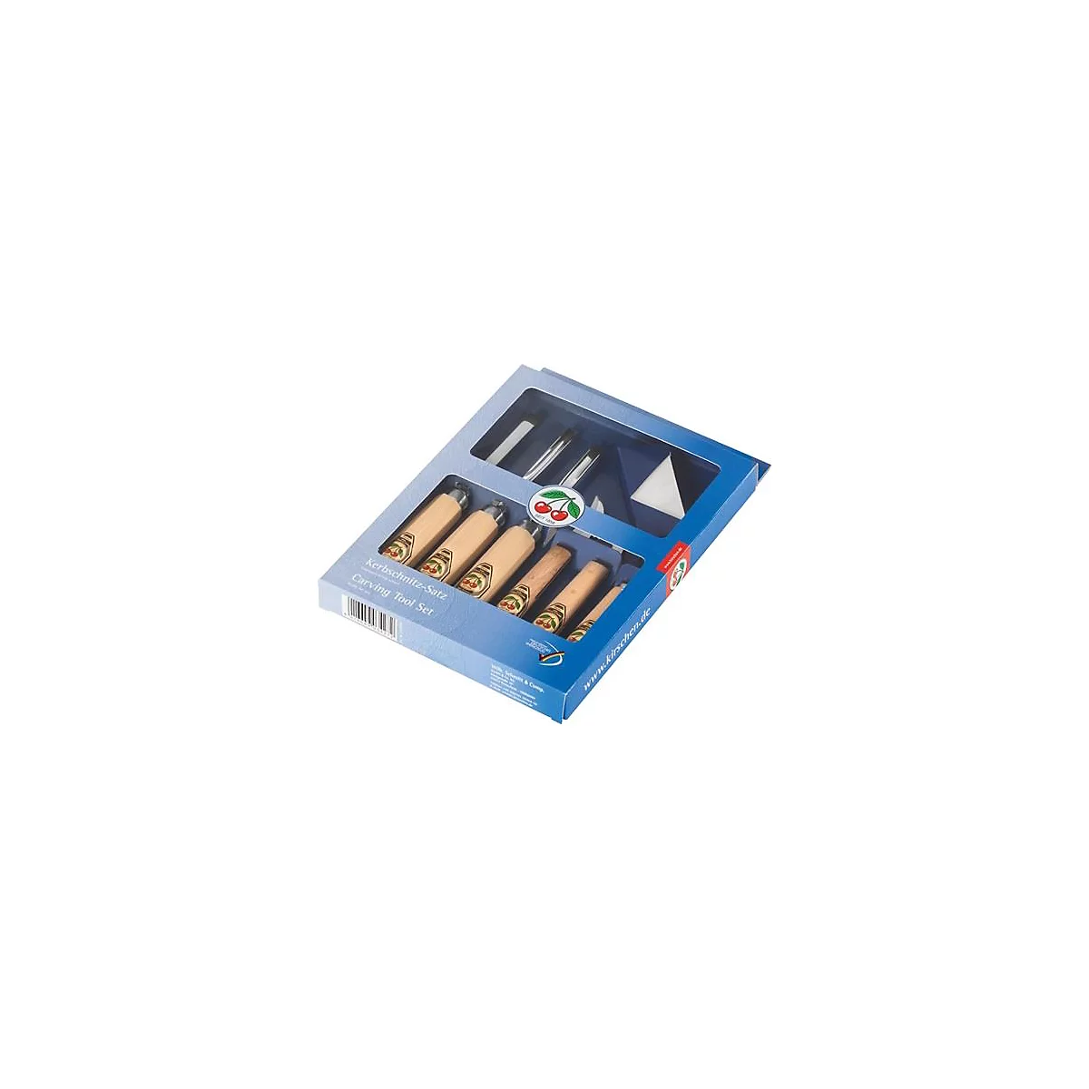 Wood carving tool set in a blue box. Includes several chisels with wooden handles and a cherry brand.