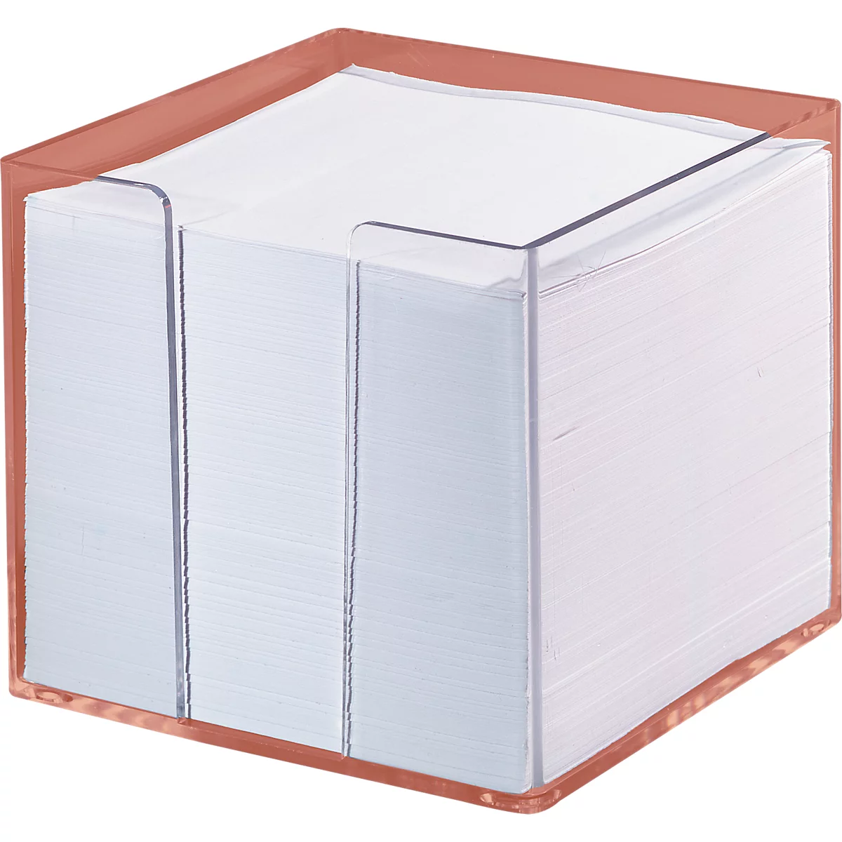 Transparent notepad holder with white paper. Copper holder, front with three columns.