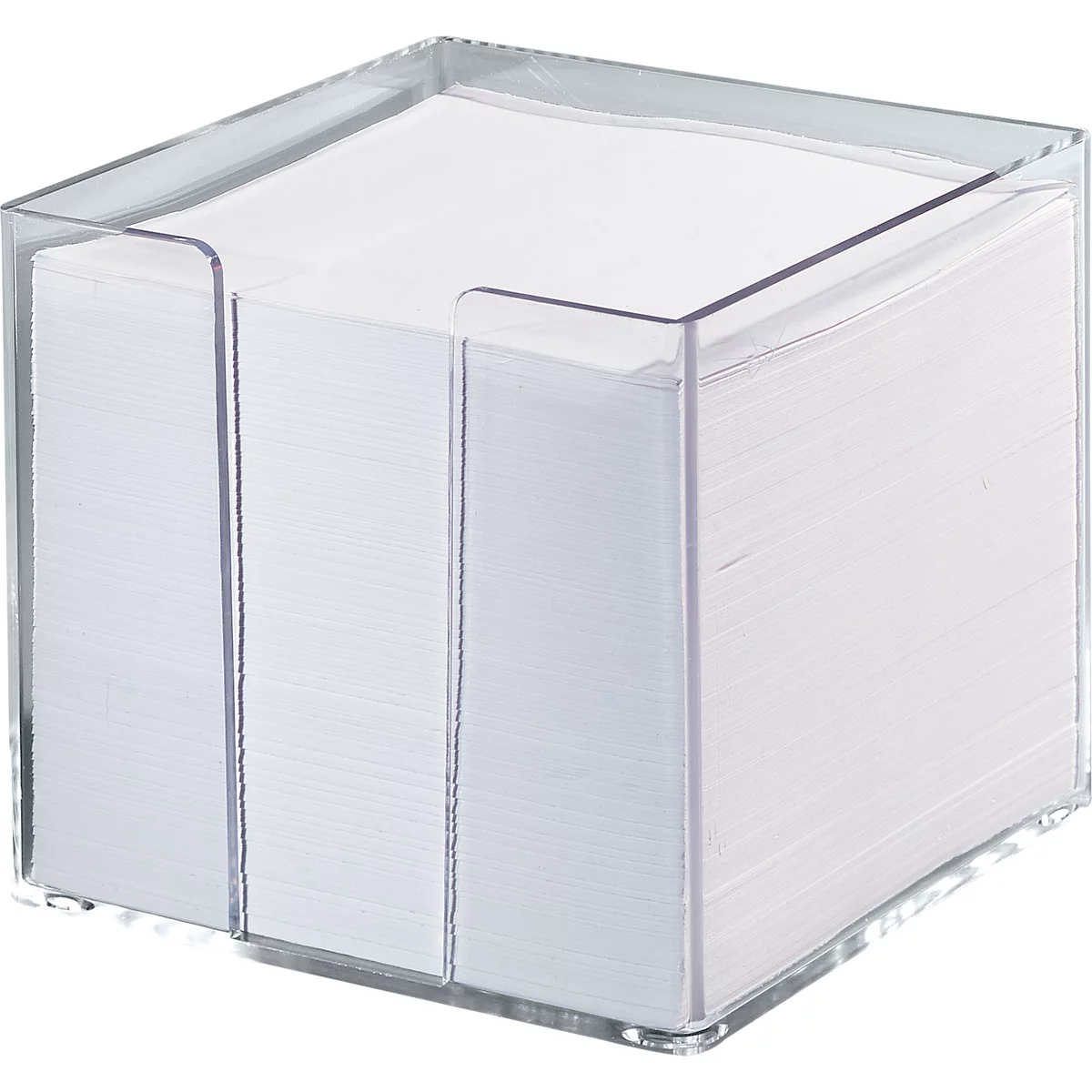Transparent paper holder with stack of white notepads.
