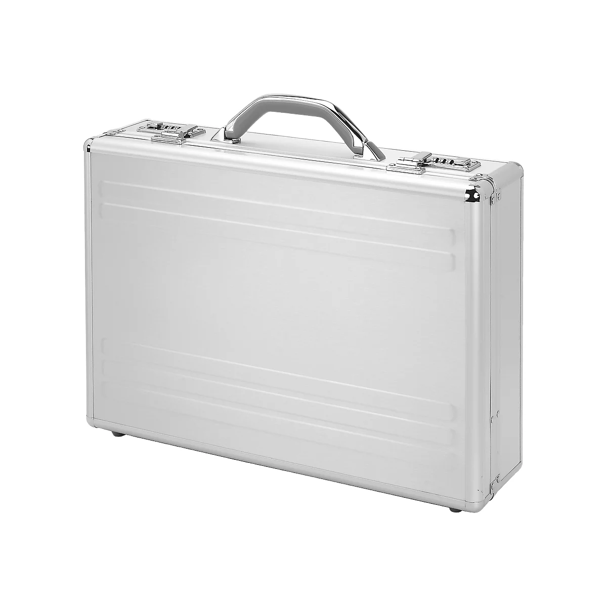 Silver briefcase with handle, silver locks, and grooves on the surface.