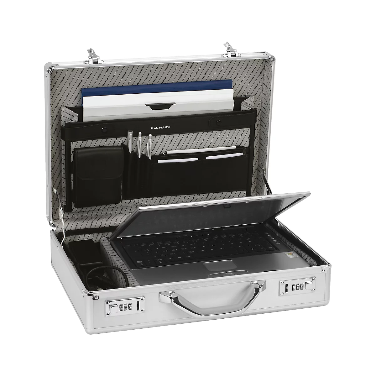 Open silver briefcase with laptop, writing utensils and documents. Striped lining.