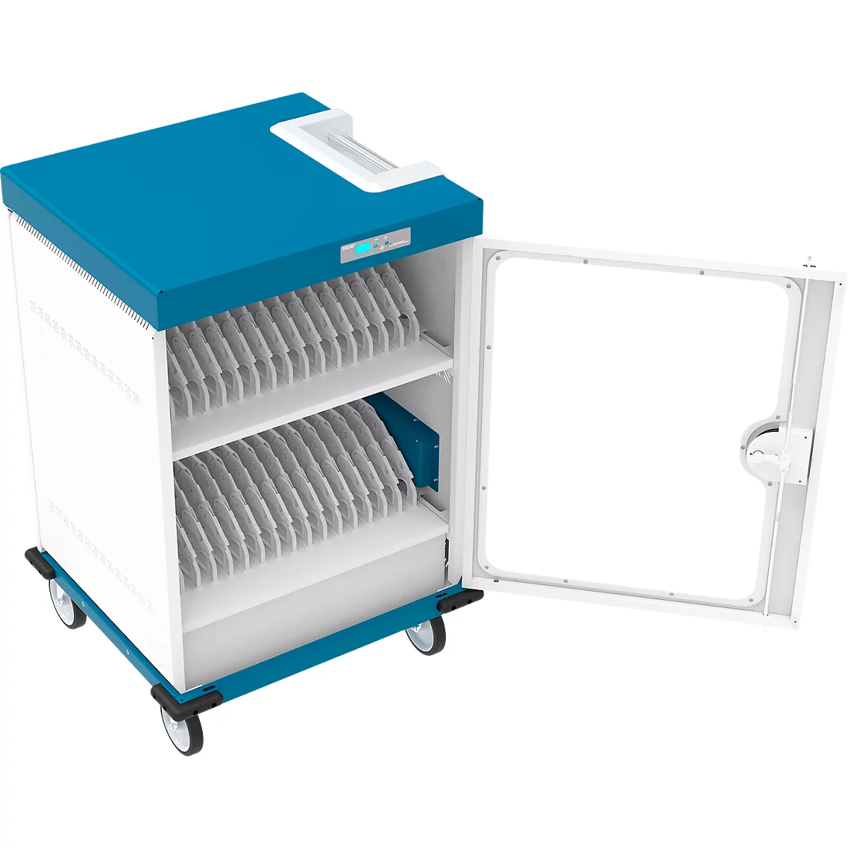 Notebook-Ladewagen Good Connections GEMMA N32, für 32 Geräte, Schuko-Buschen, abschließbar, Leistung 3680 W, weiß-blau