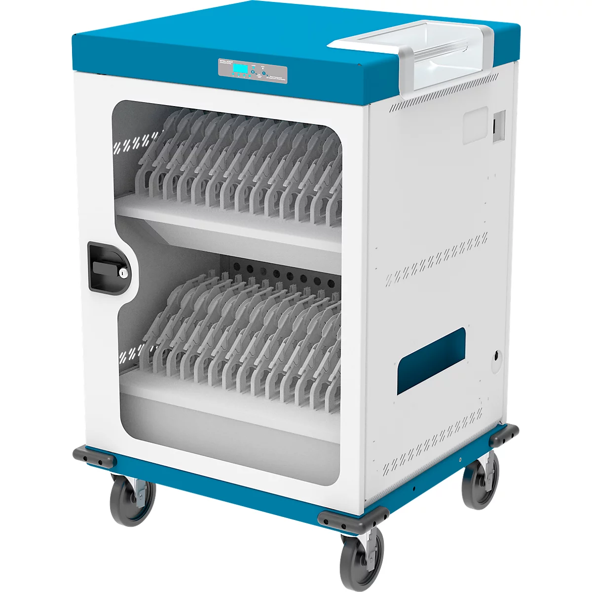 Notebook-Ladewagen Good Connections GEMMA N32, für 32 Geräte, Schuko-Buschen, abschließbar, Leistung 3680 W, weiß-blau