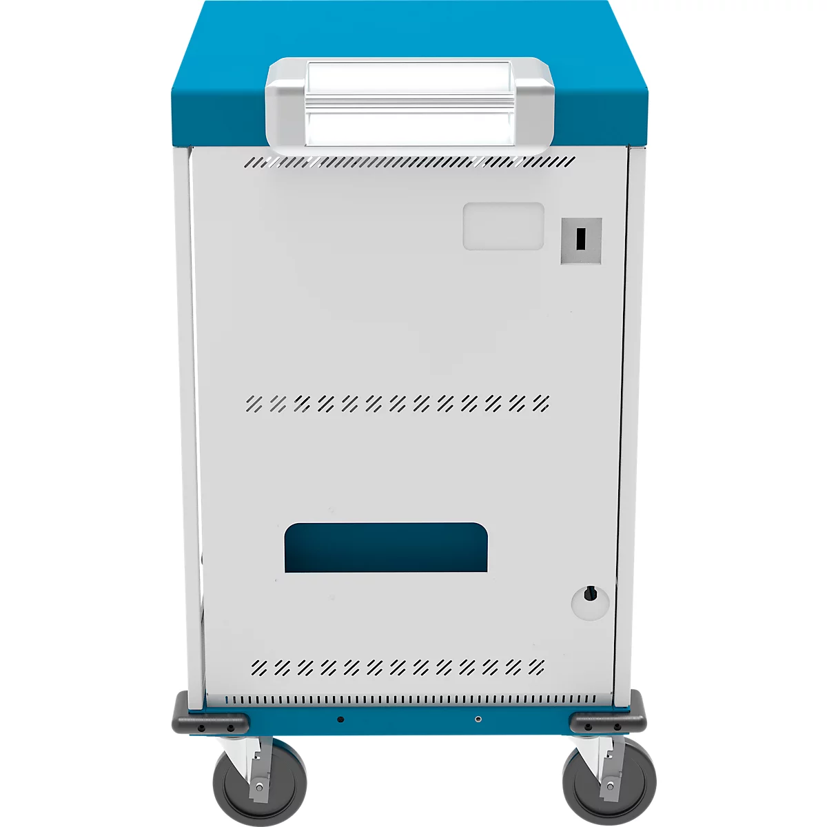 Notebook-Ladewagen Good Connections GEMMA N32, für 32 Geräte, Schuko-Buschen, abschließbar, Leistung 3680 W, weiß-blau