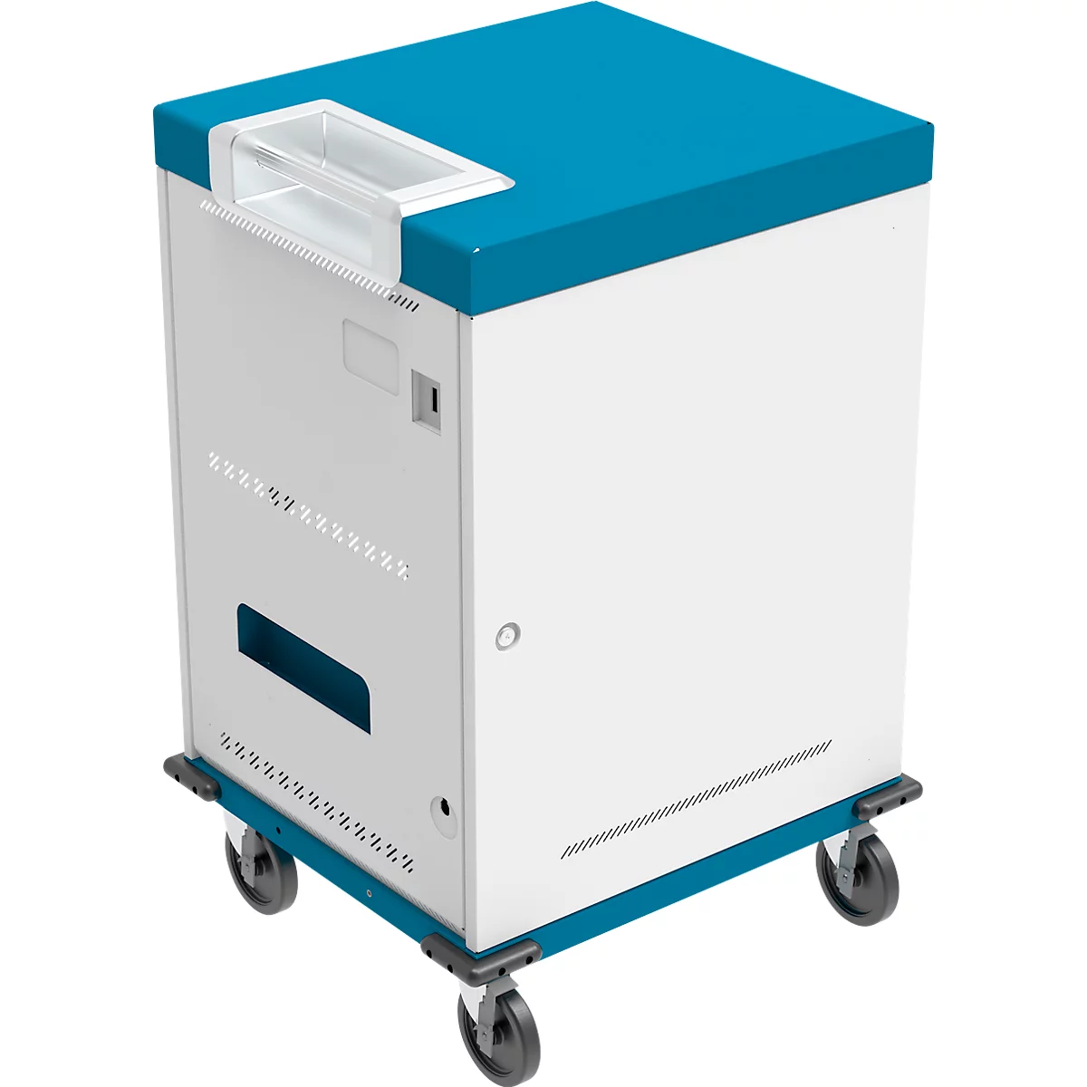 Notebook-Ladewagen Good Connections GEMMA N32, für 32 Geräte, Schuko-Buschen, abschließbar, Leistung 3680 W, weiß-blau