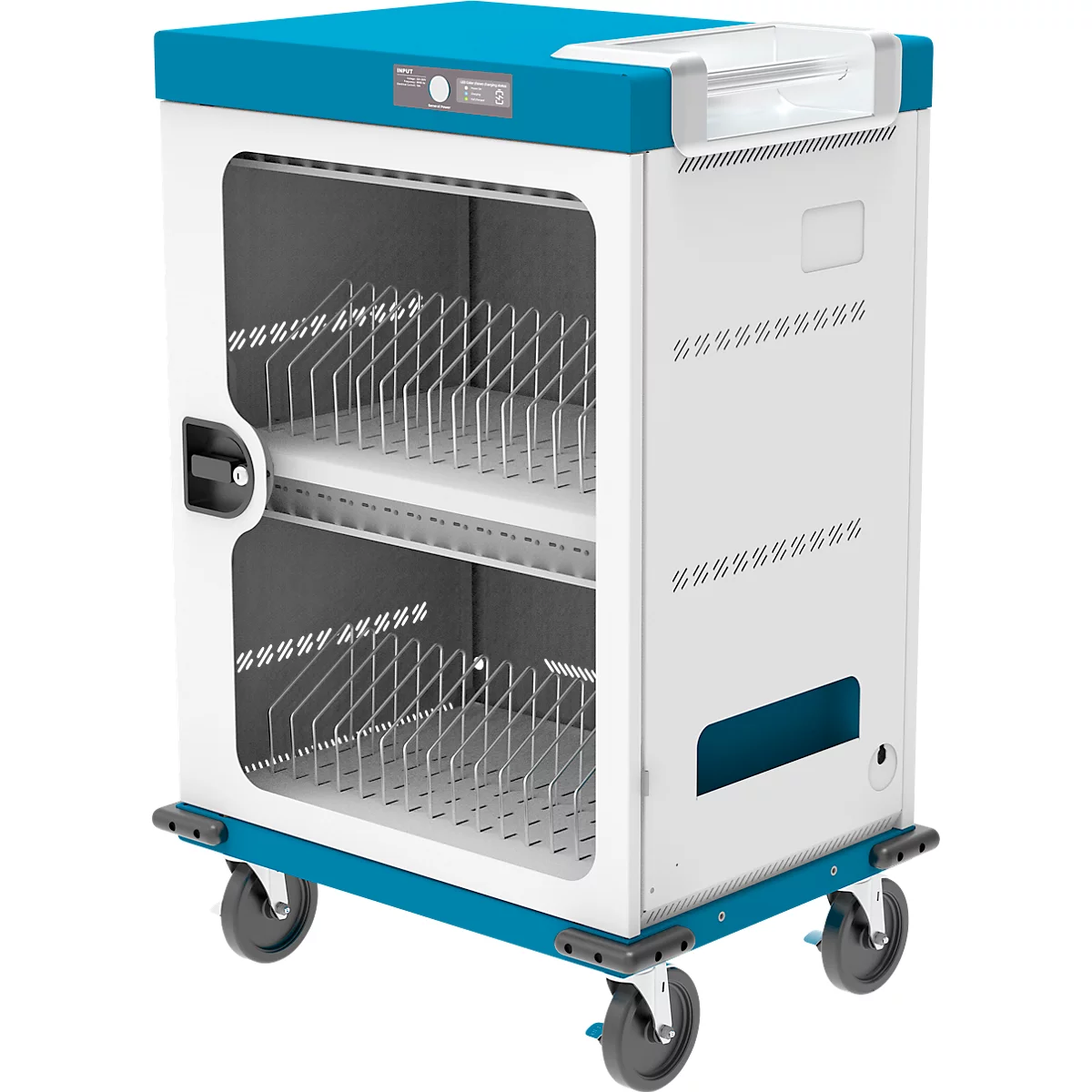 Notebook-Ladewagen Good Connections GEMMA T32C, für 32 Geräte, USB-C mit 18 W pro Port, abschließbar, weiß-blau