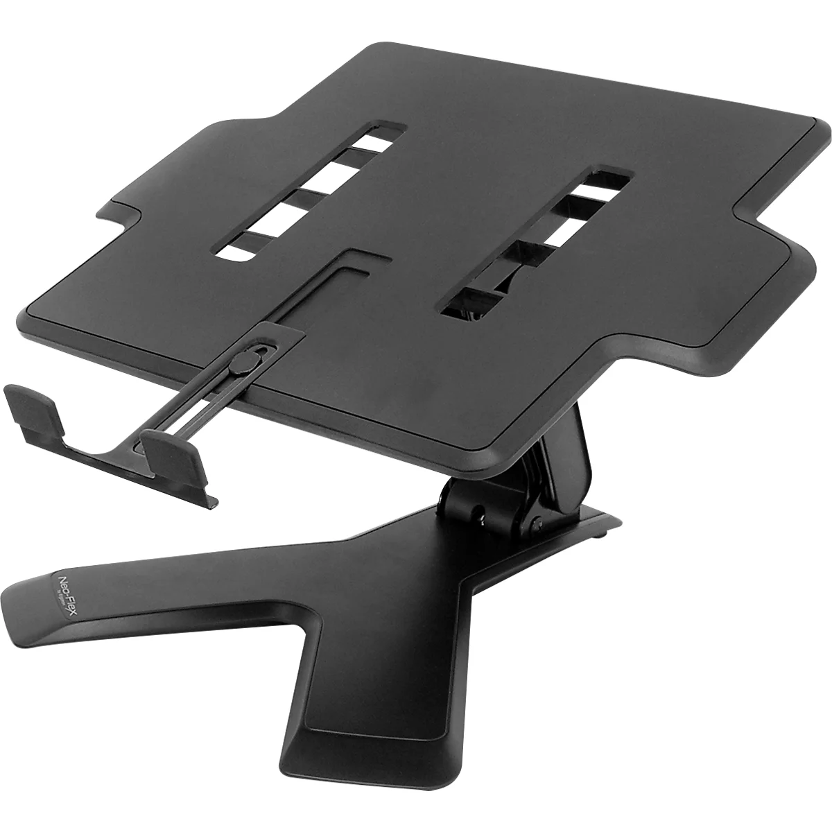 Support pour ordinateur portable noir avec étagère et supports réglables en hauteur.
