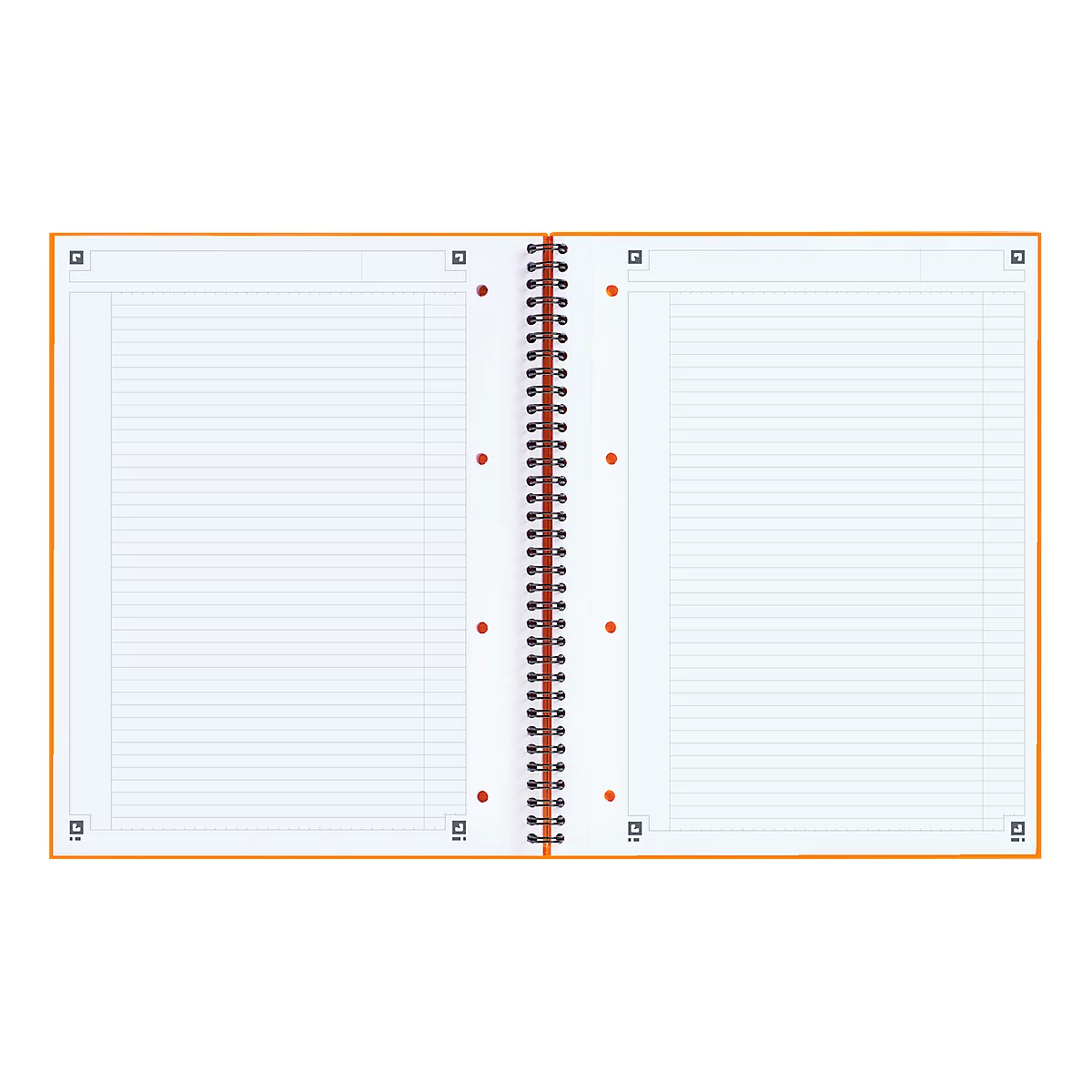 Opened ruled notebook with orange cover, spiral, perforation.