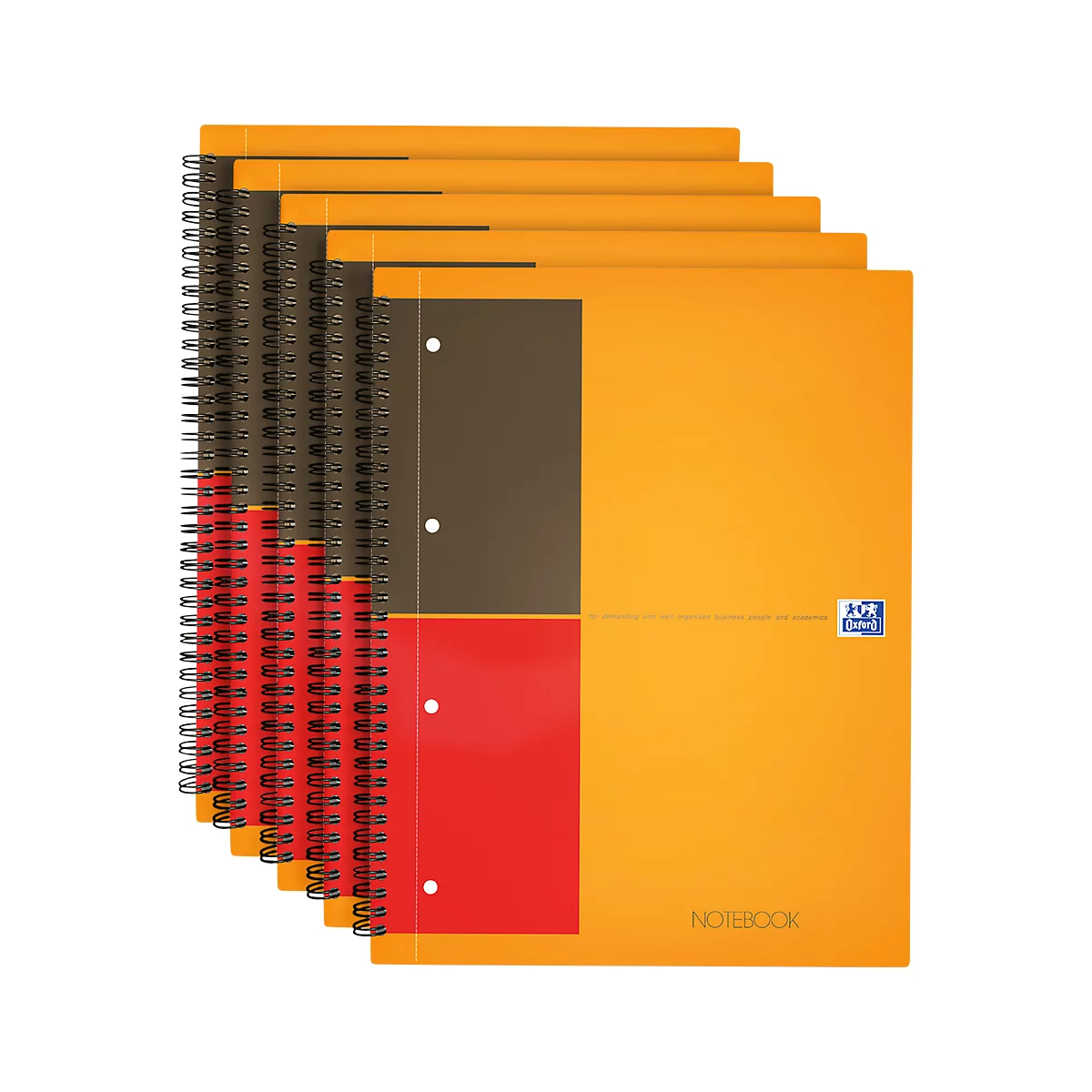 Several orange notebooks with black spiral binding, brown and red accent.