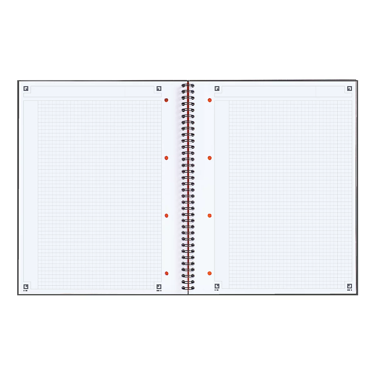 Open grid notebook with a red spiral binding.