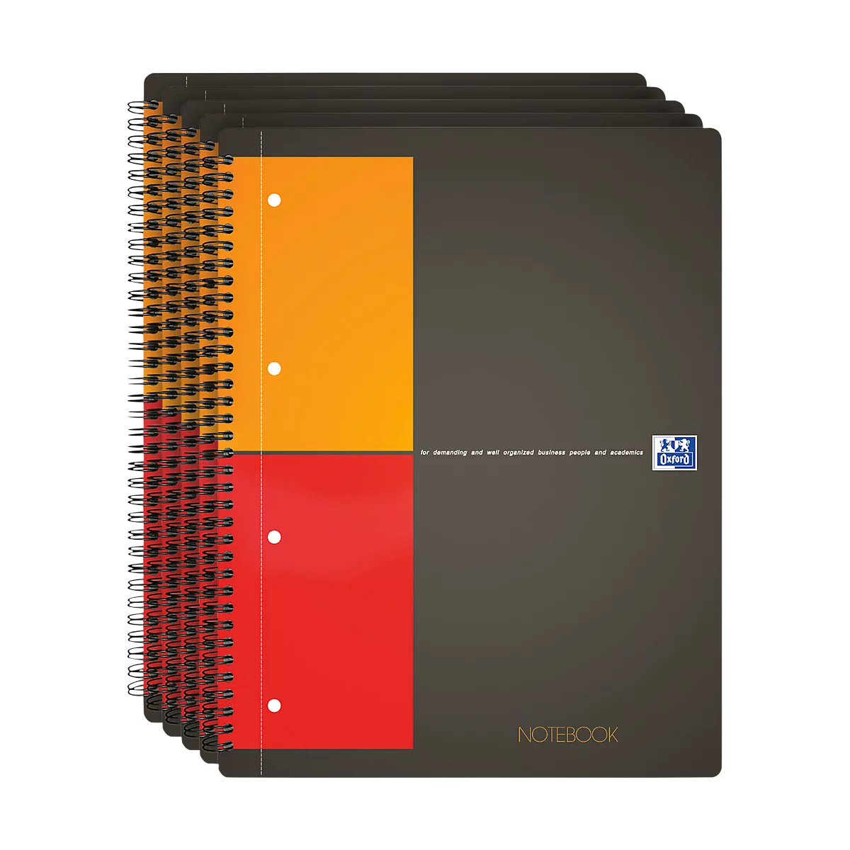 Spiral notebooks. A red and orange panel on the left. On the right is a grey notebook with "Notebook" and logos.