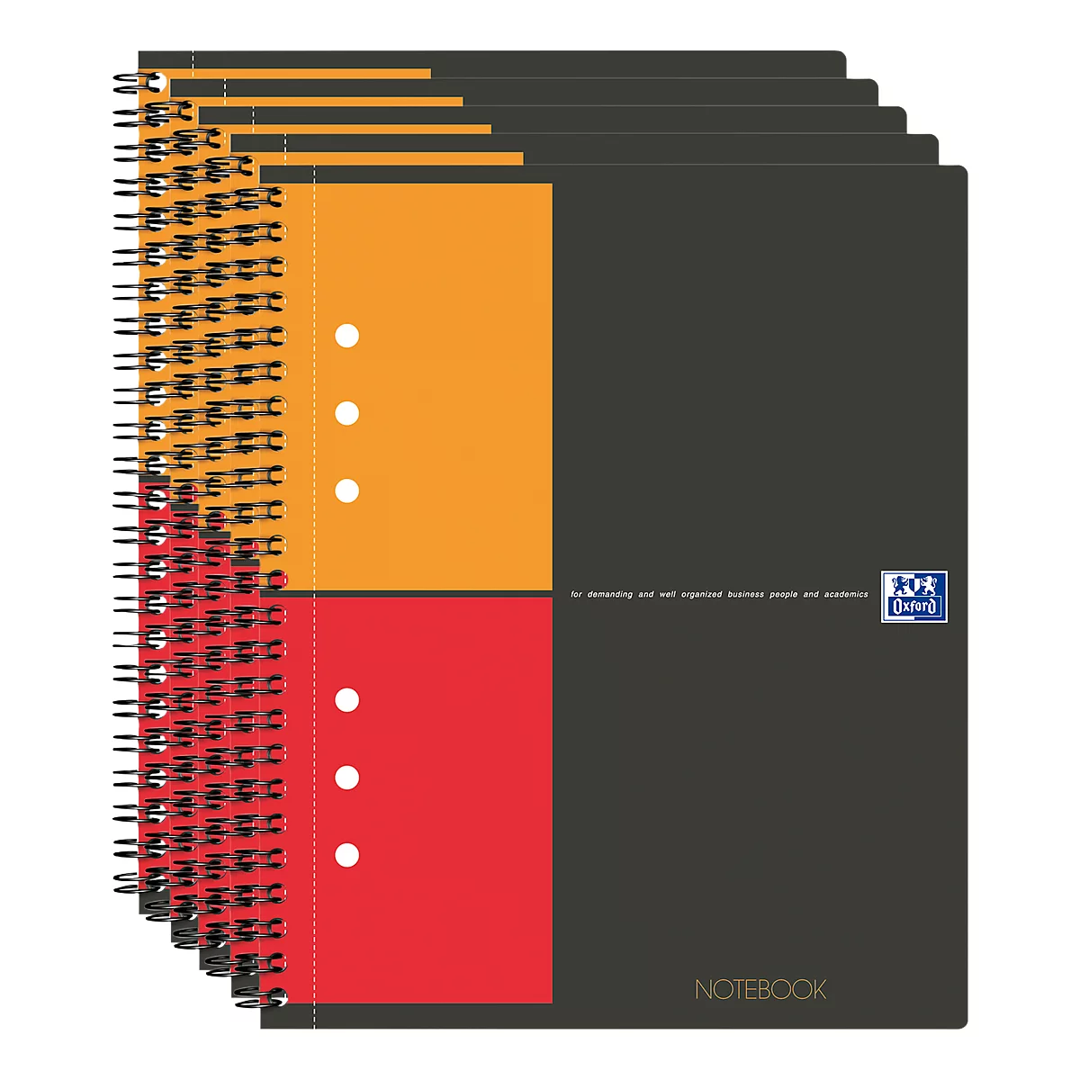 Top view of a stack of spiral notebooks with red, orange, and gray designs.