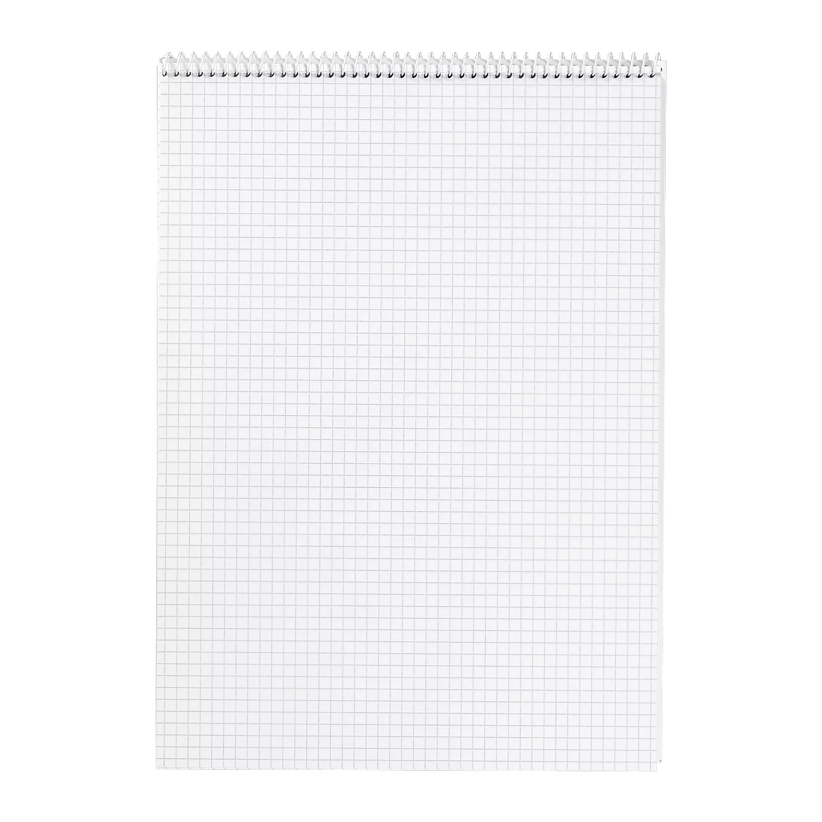 A white grid notebook with wire binding, against a white background.