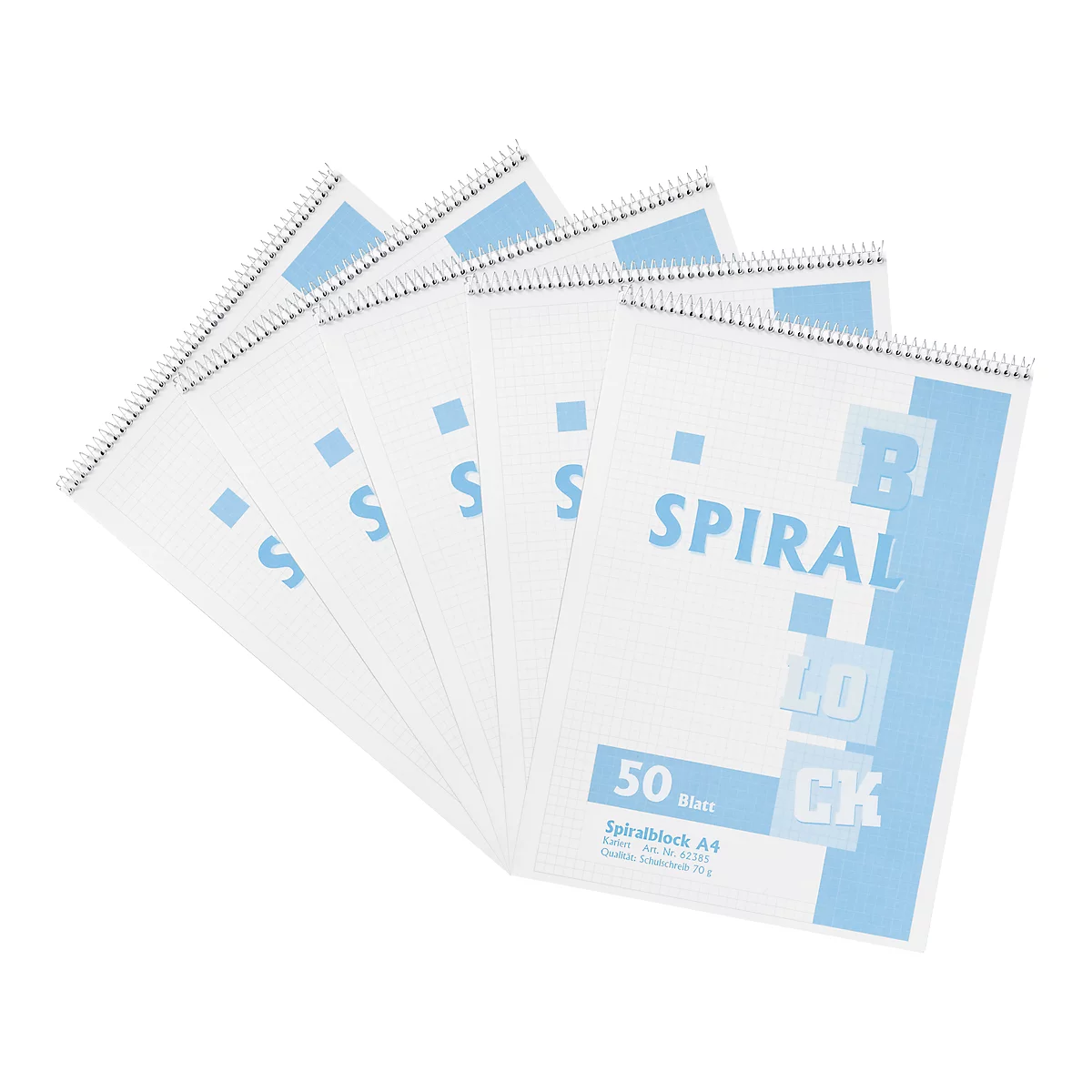 Spiral notebooks arranged in a fan shape, featuring blue accents and text.