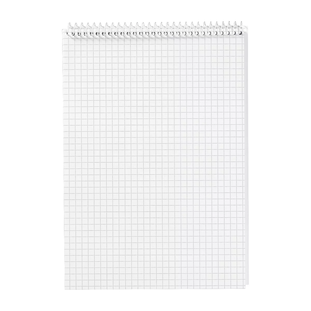 A white, squared notebook with spiral binding.
