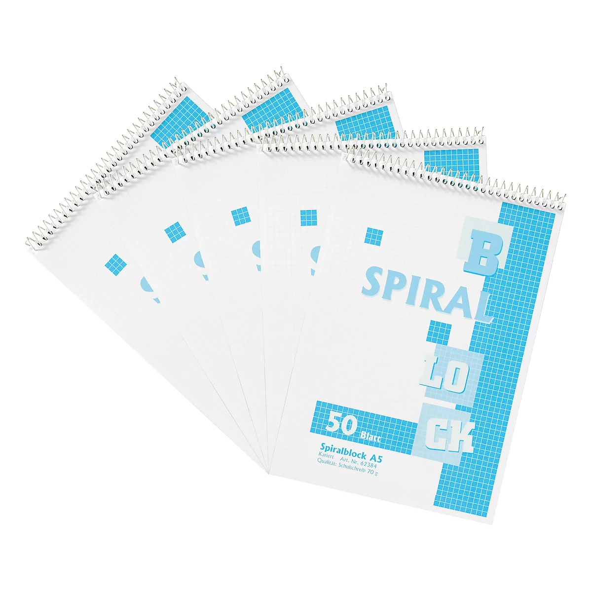 Spiral notebooks arranged in a fan shape with white paper and a blue background. One block reads "SPIRAL BLOCK" and "50 sheets".