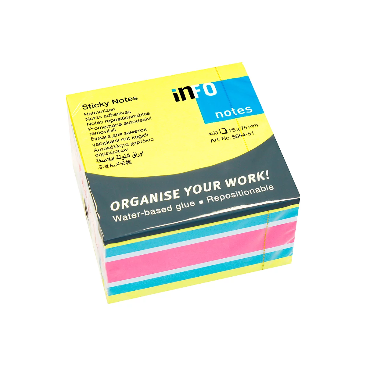 Notes auto-adhésives Brillant, cube avec 450 feuilles, l. 75 x H 75 mm, 4 coloris