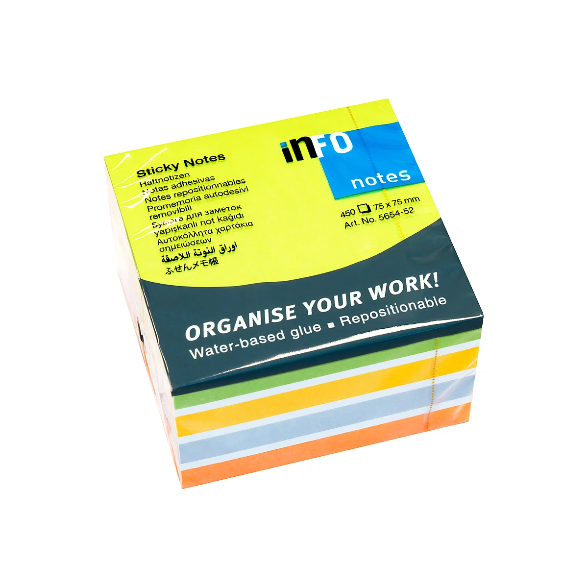 Notes auto-adhésives Brillant, cube avec 450 feuilles, l. 75 x H 75 mm, 5 coloris