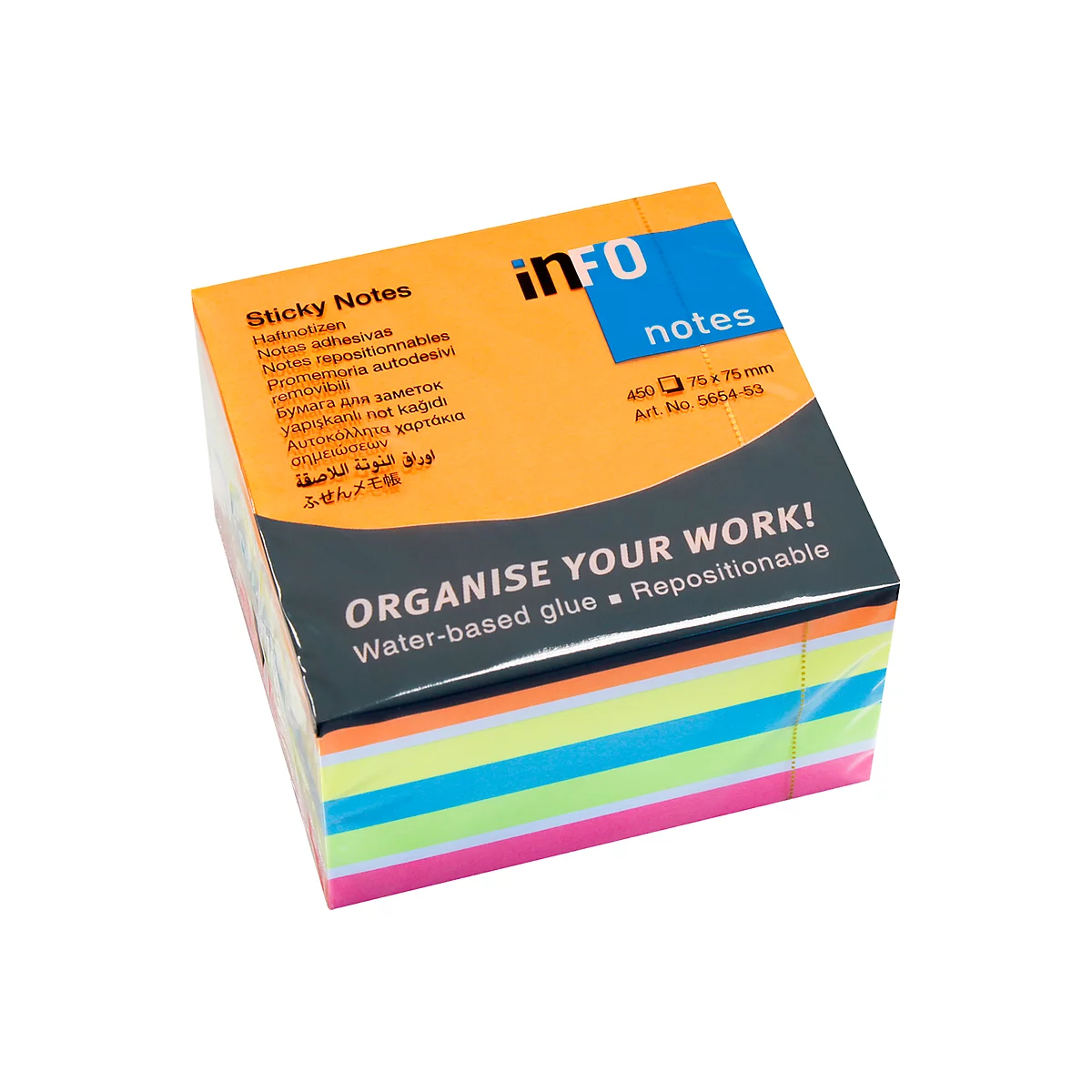 Notes auto-adhésives Brillant, cube avec 450 feuilles, l. 75 x H 75 mm, 6 coloris