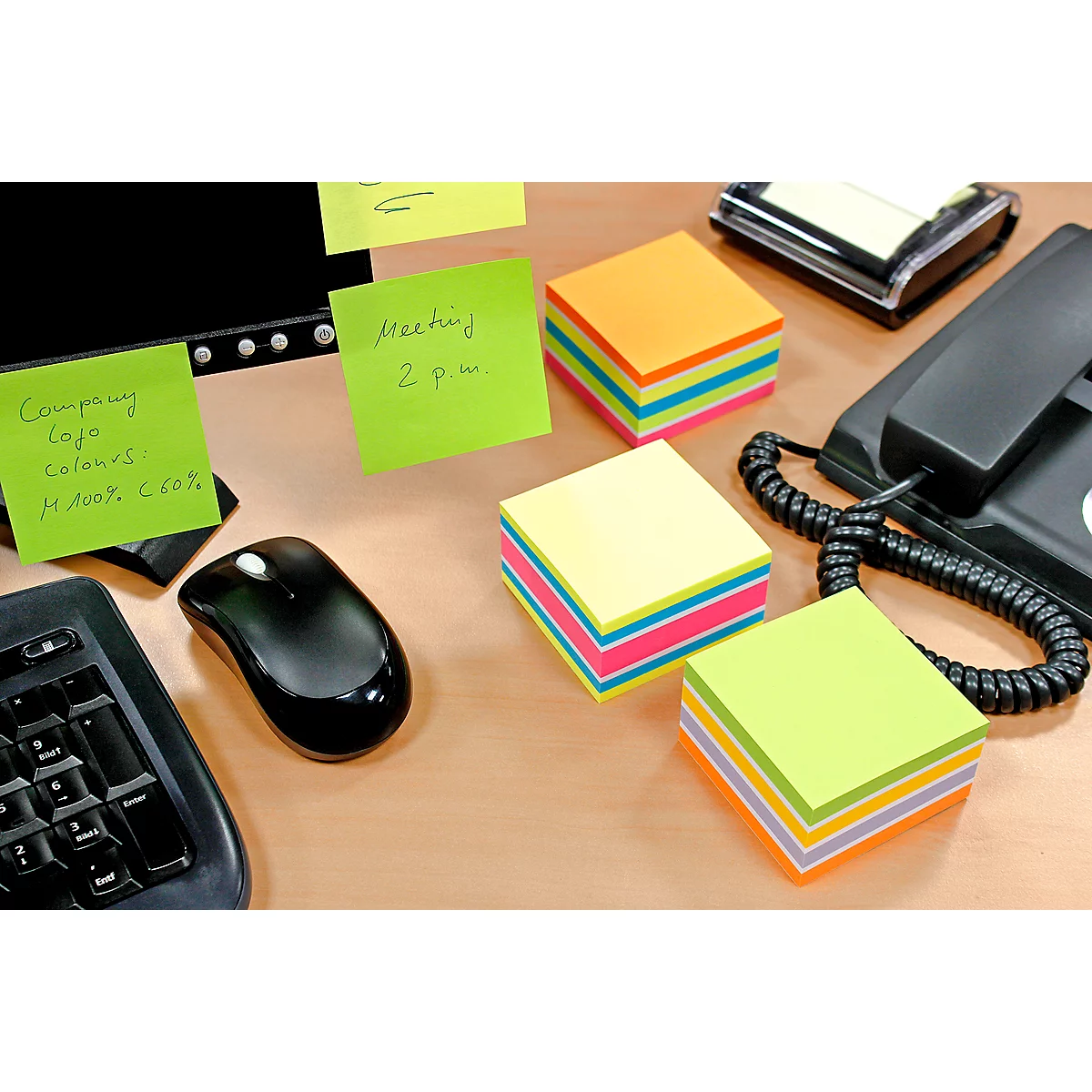 Notes auto-adhésives Brillant, cube avec 450 feuilles, l. 75 x H 75 mm, 6 coloris