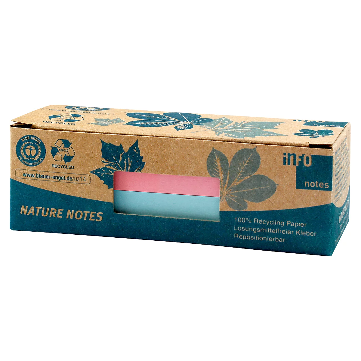 Bloc-notes dans une boîte en carton marron avec des blocs-notes roses et bleu clair.