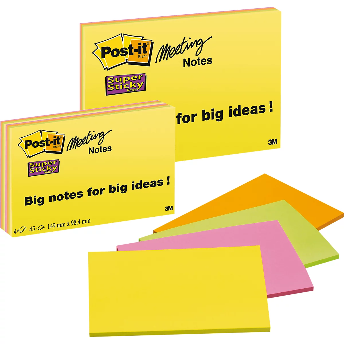 Bloc-notes Post-it jaunes avec l'inscription "Big notes for big ideas !" et des notes colorées.