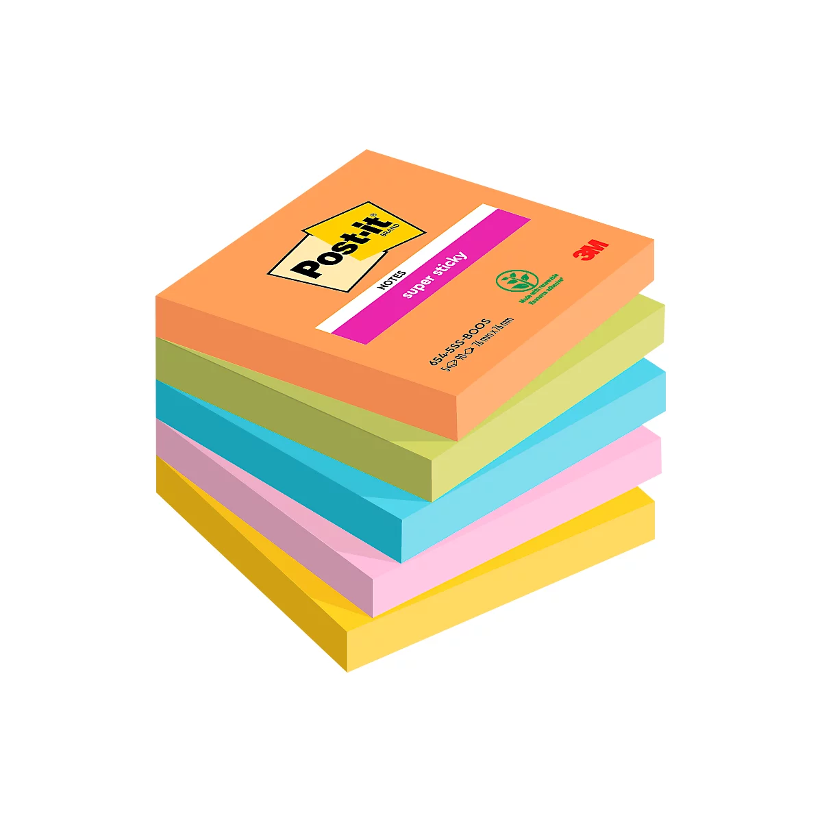 Une pile de Post-it de différentes couleurs, orange, vert, bleu, rose et jaune, avec impression.