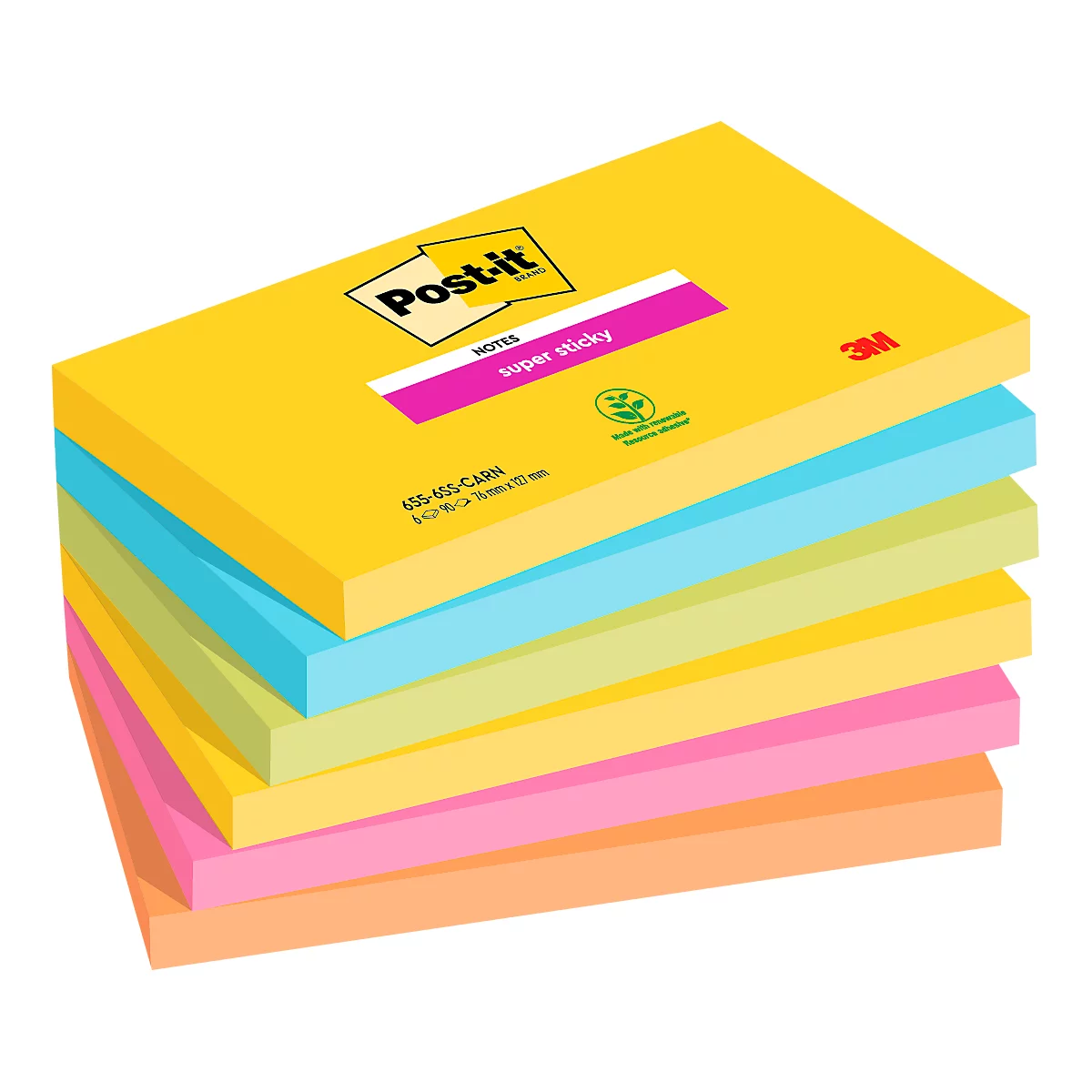 Notes auto-adhésives Super Sticky Post-it®, Collection Rio de Janeiro, 127 x 76 mm, 90 feuilles, 6 blocs