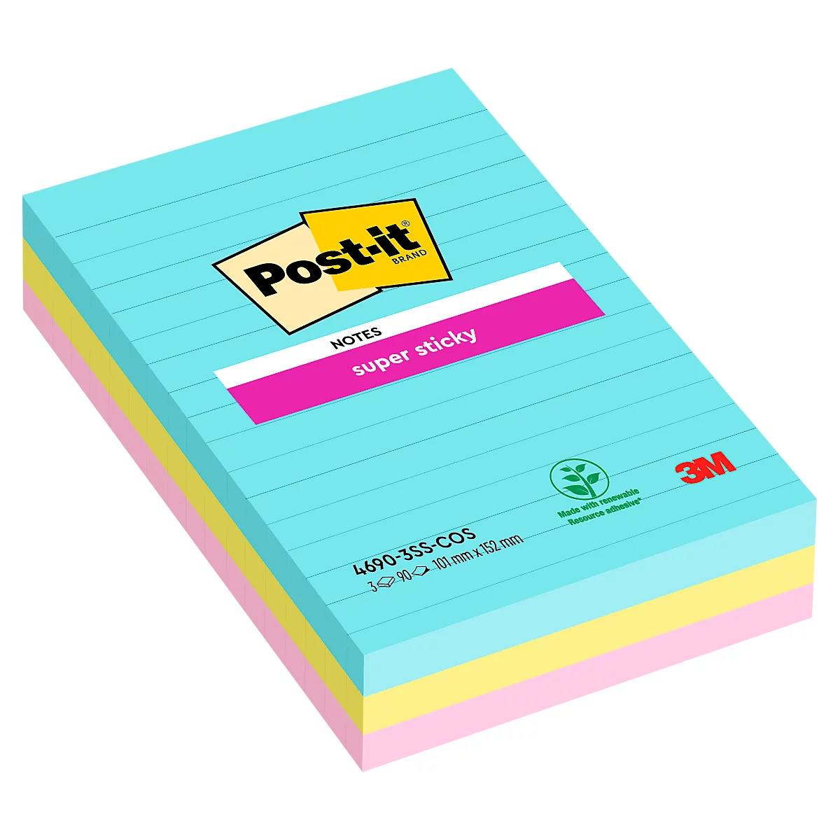 Notes auto-adhésives Super Sticky XL Notes 4690S3MI Miami Post-it®, 101 x 152 mm, 3 x 90 feuilles, ligné, multicolore