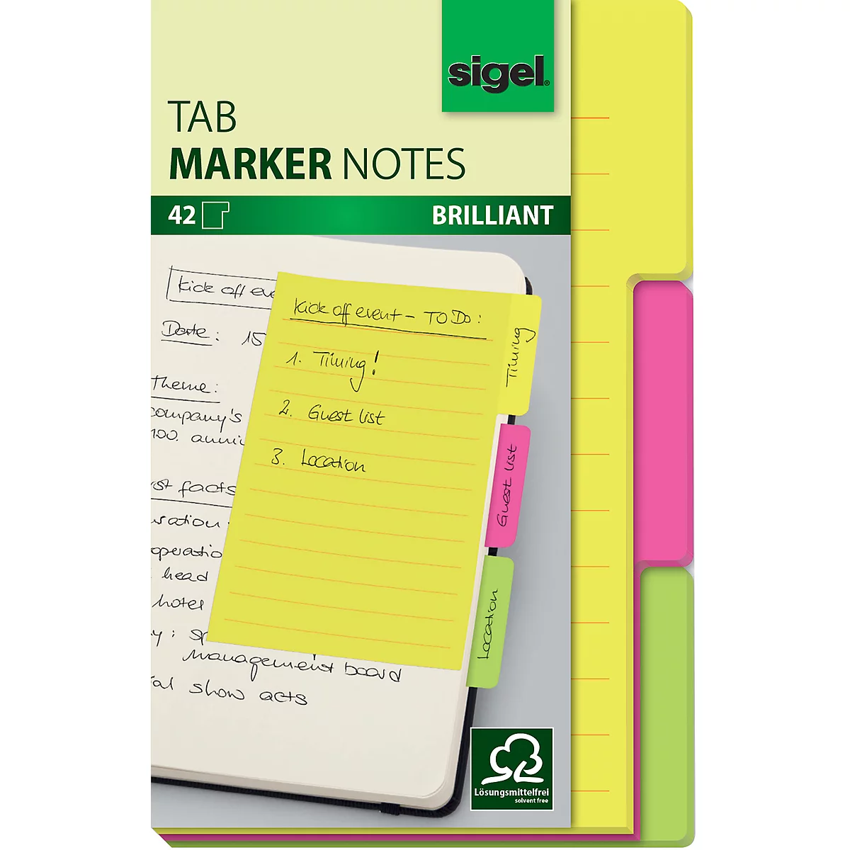 Notes auto-adhésives Tab Marker Notes Sigel, 3 couleurs, 42 feuilles, 98 x 148 mm, inscriptible