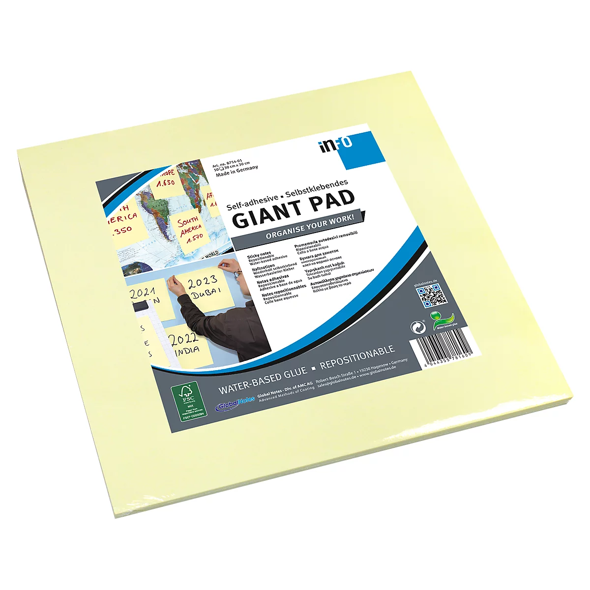 Notes autocollantes, extra-large, L 300 x l 300 mm, jaune, 50 feuilles, détachable sans résidus