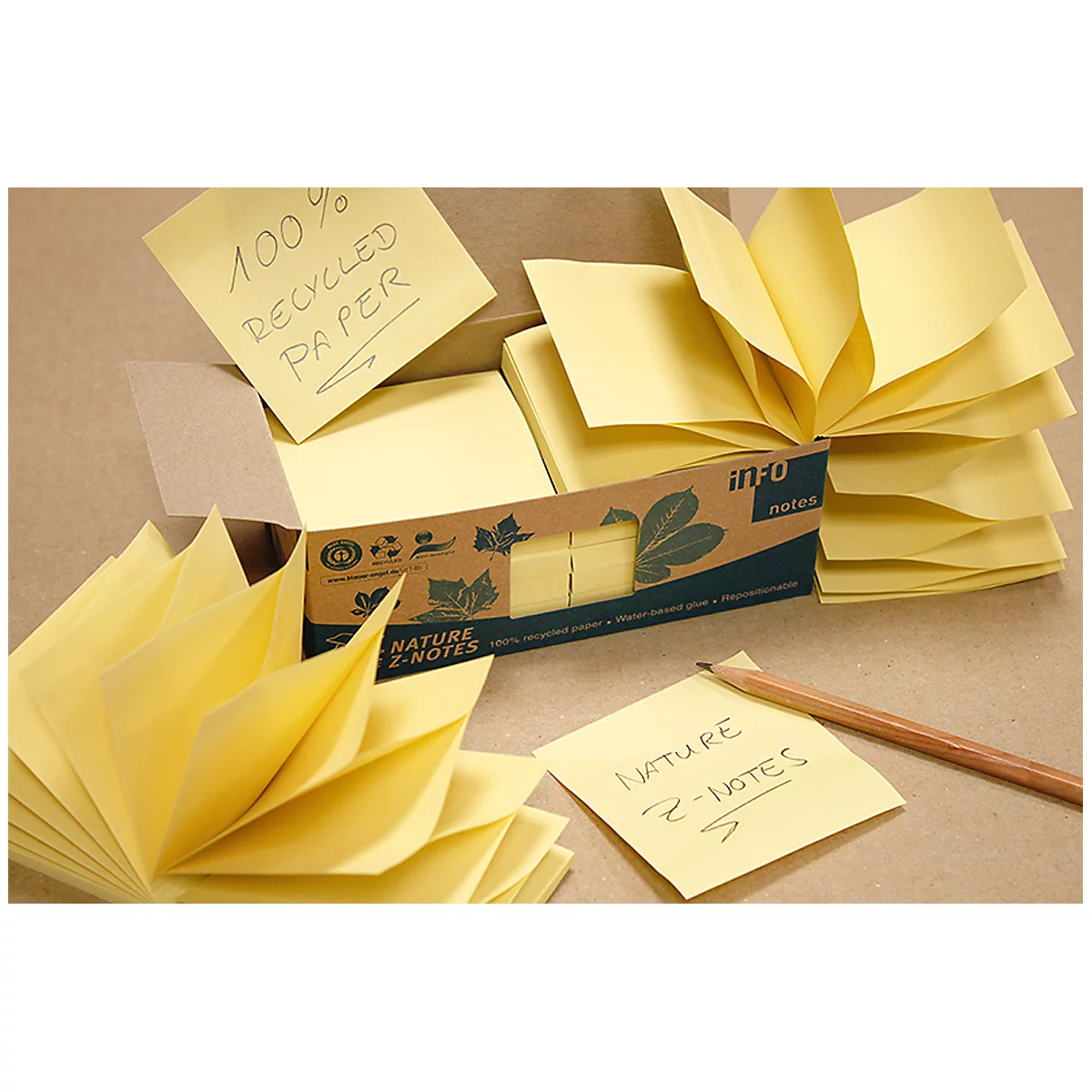 Notes autocollantes, L 75 x H 75 mm, pliage en Z, papier recyclé, jaune, 100 feuilles, 12 blocs