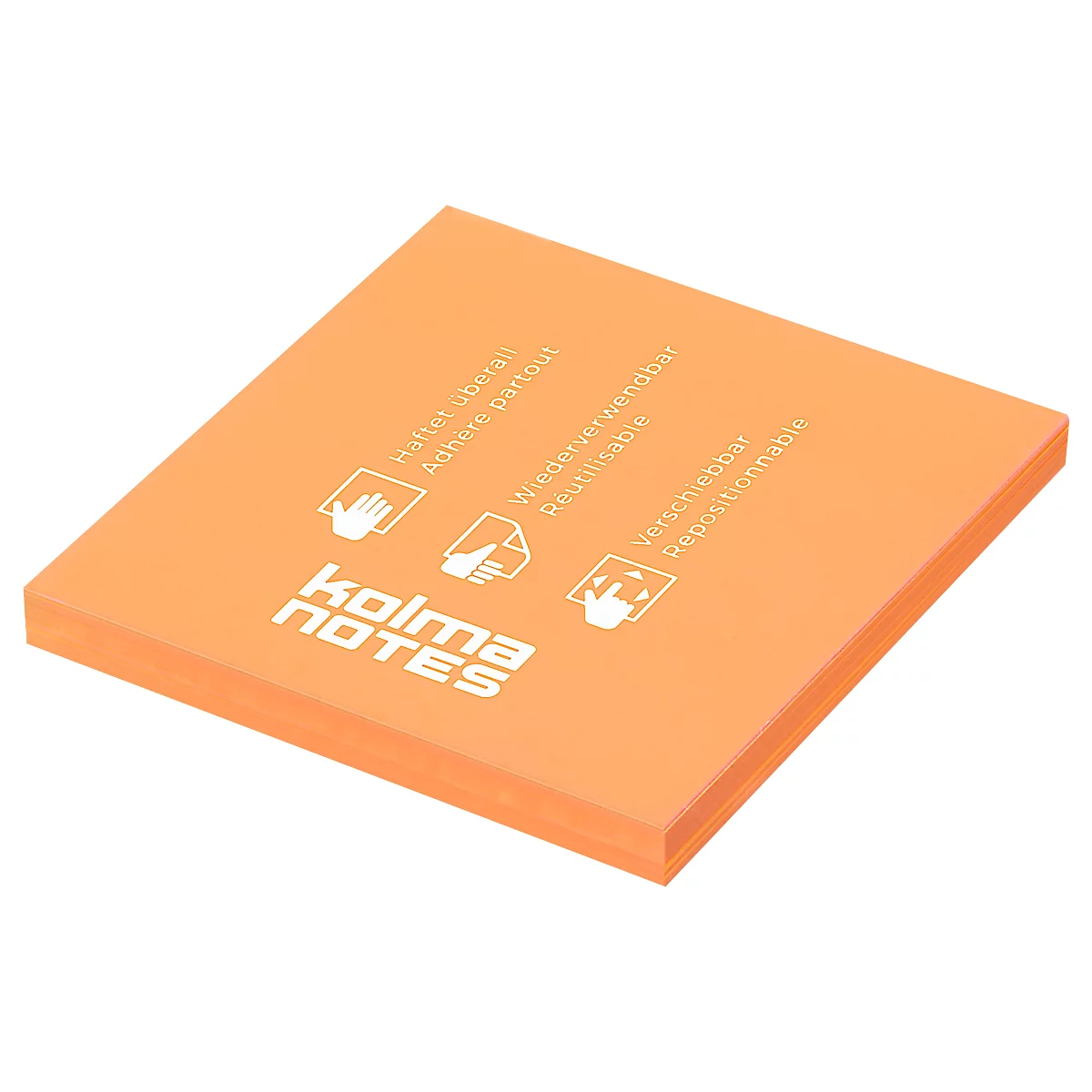 Bloc-notes autocollant orange. Écrits anglais, français et allemands dessus.