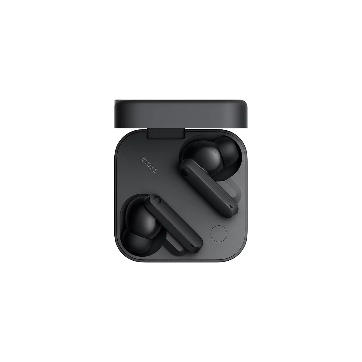 Schwarze kabellose In-Ear-Kopfhörer in einem offenen quadratischen Ladecase.