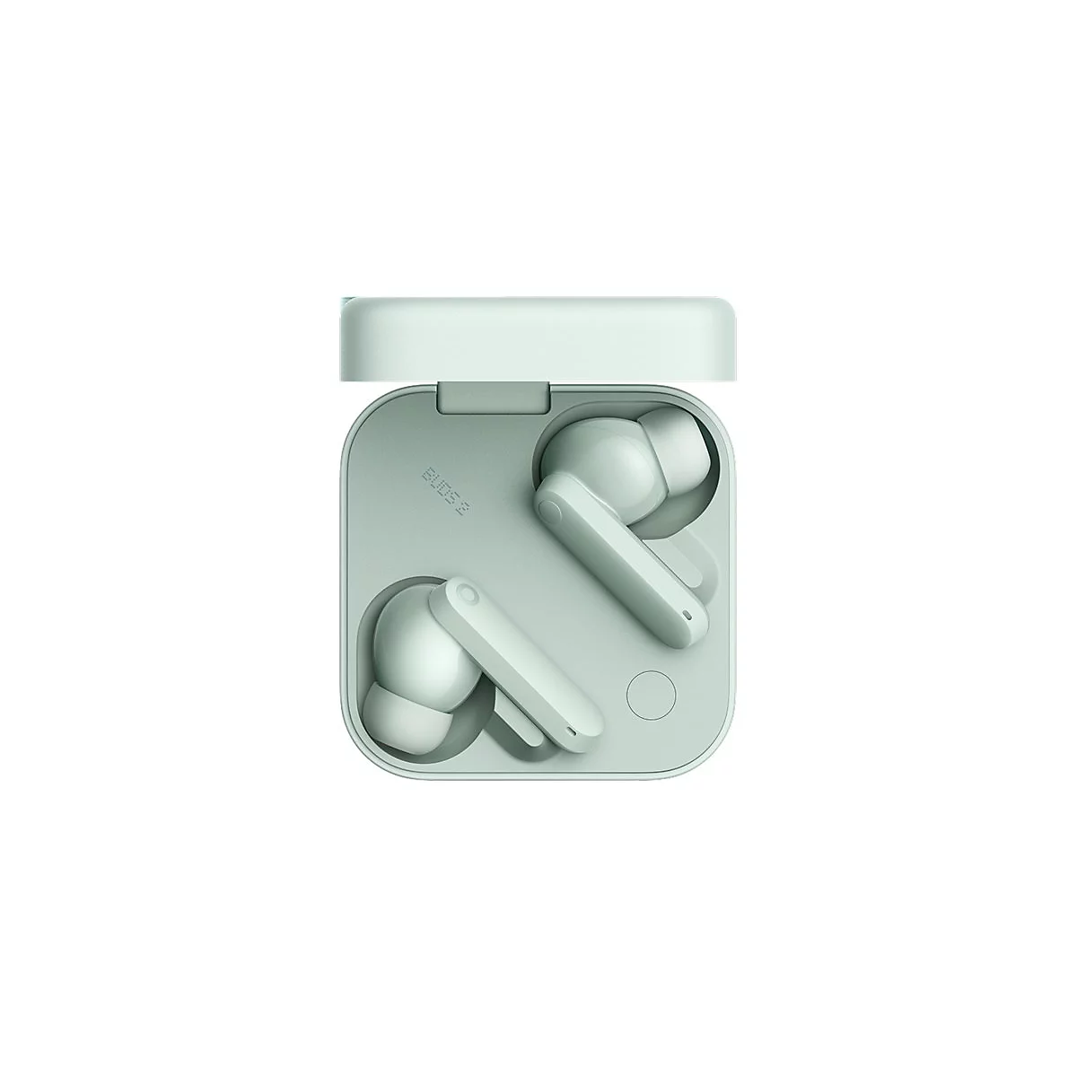Hellgrüne In-Ear-Kopfhörer in einem quadratischen Ladecase mit offenem Deckel.