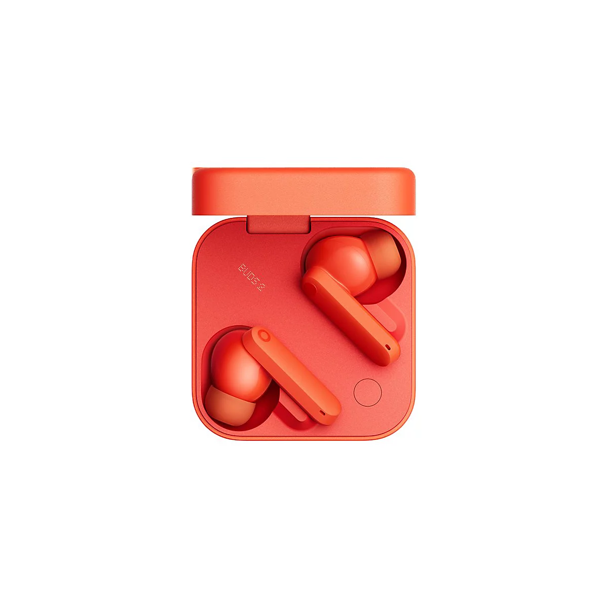 Offenes, leuchtend orangefarbenes Ladecase mit zwei darin liegenden, farblich passenden In-Ear-Kopfhörern.