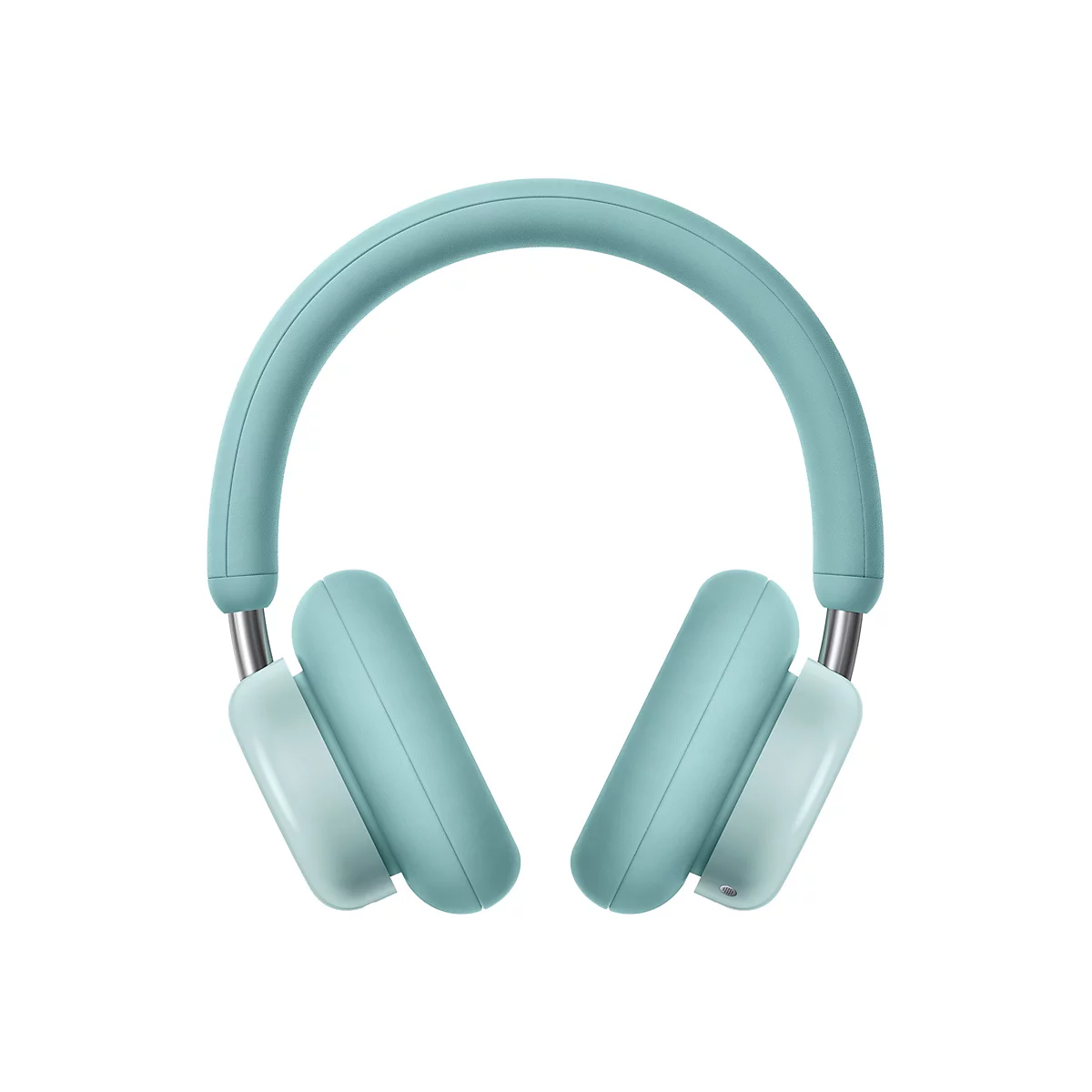 Hellblaue, minimalistische Over-Ear-Kopfhörer vor weißem Hintergrund.