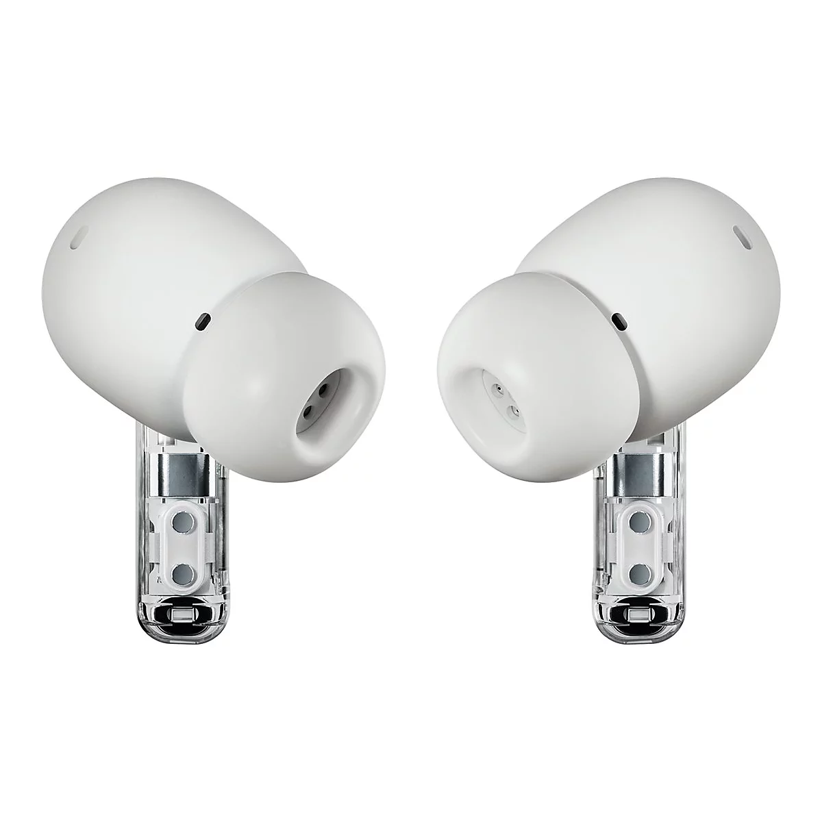 Zwei weiße In-Ear-Kopfhörer mit transparenten Stielen vor neutralem Hintergrund.