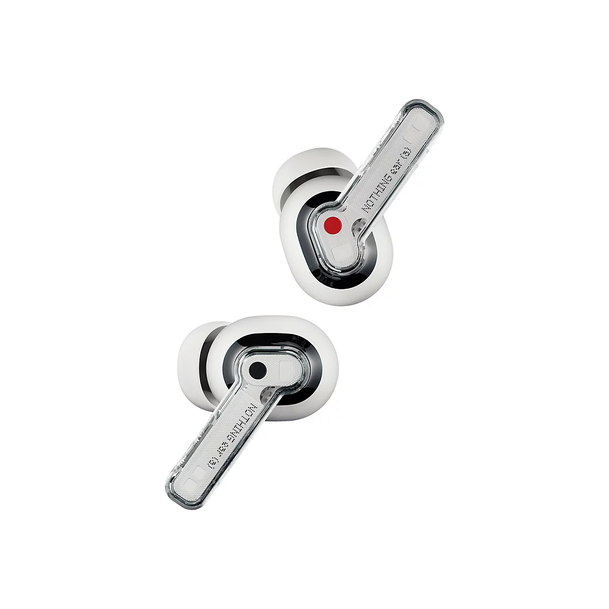 Zwei Nothing Ear (a) In-Ear-Kopfhörer in Weiß mit transparentem Design auf weißem Hintergrund.