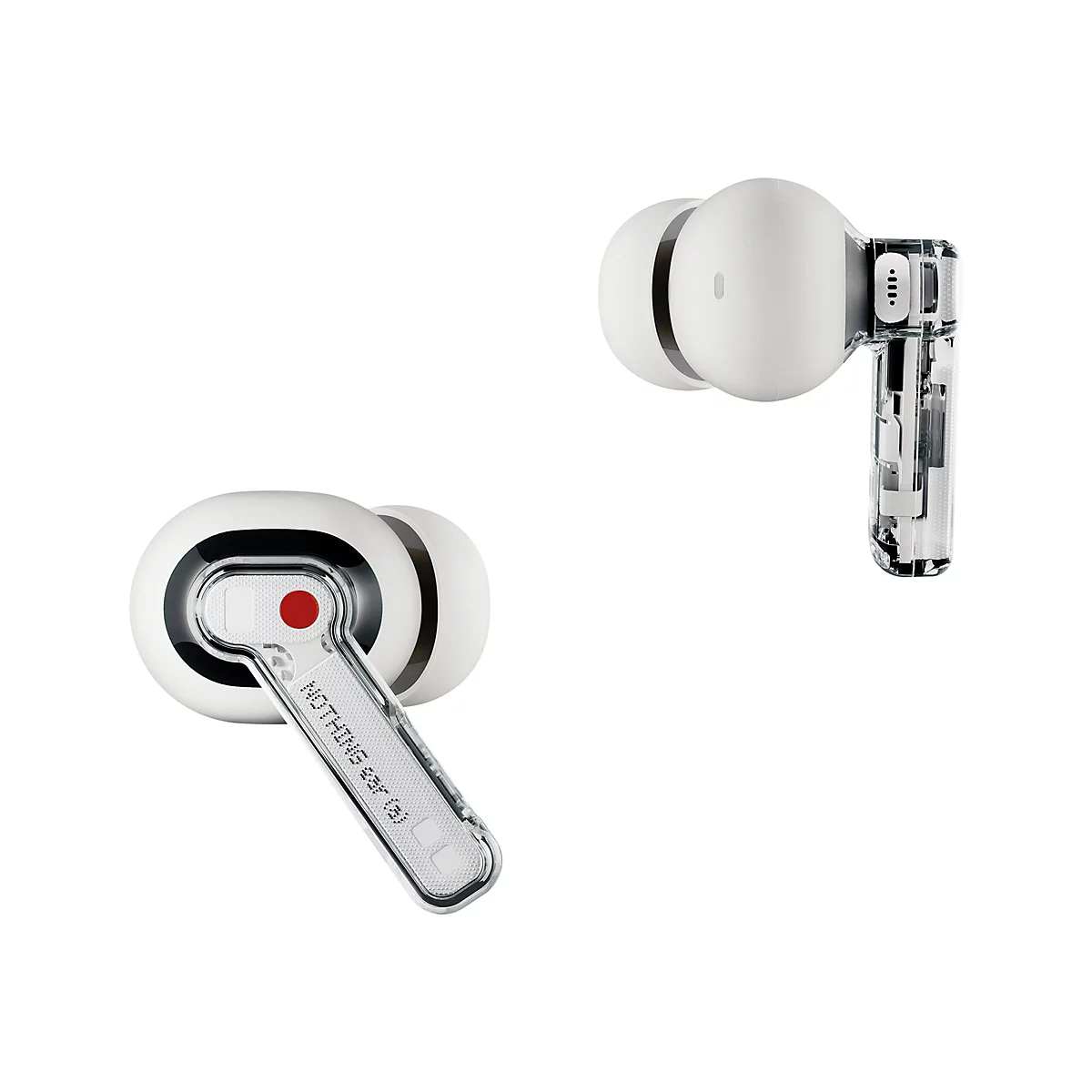 Zwei weiße In-Ear-Kopfhörer mit transparentem Design, einer mit rotem Punkt und Nothing-Schriftzug.
