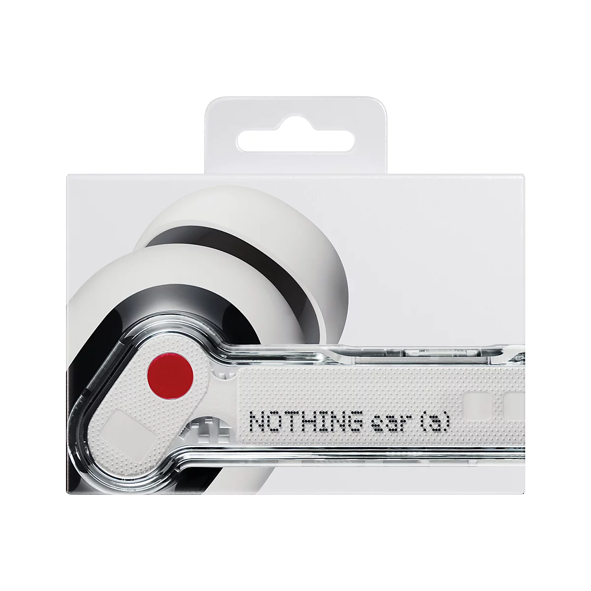 Produktverpackung der Nothing ear (a) Ohrhörer mit weißem Hintergrund und transparentem Produktdesign.