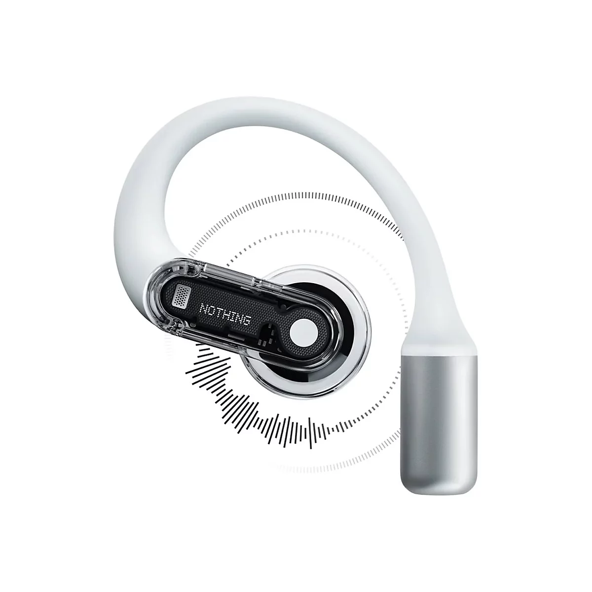 Ein weiß-silberner Open-Ear-Kopfhörer mit transparentem Gehäuse und Nothing-Schriftzug.