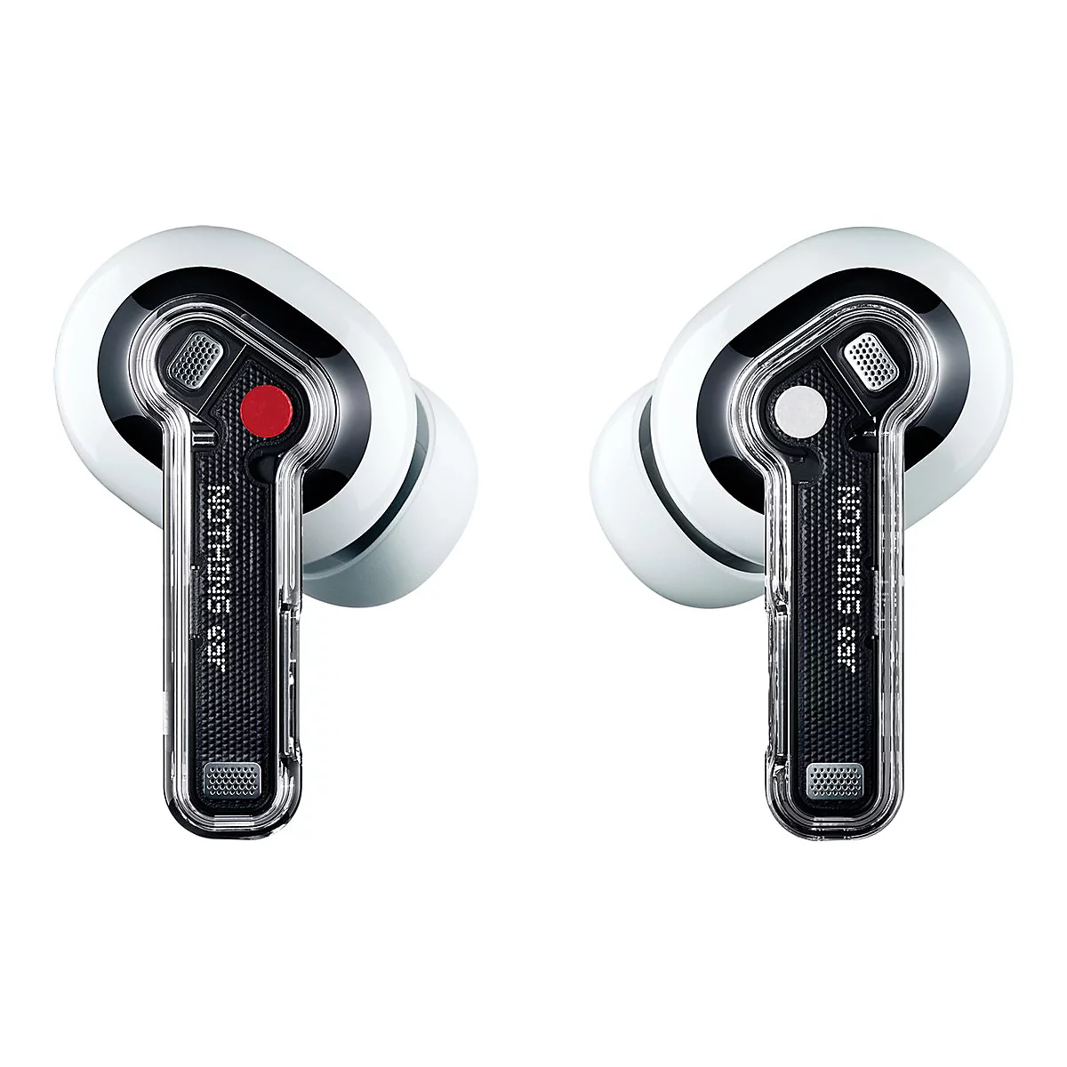 Weiße In-Ear-Kopfhörer mit transparentem Design und schwarzem Innenleben vor weißem Hintergrund.