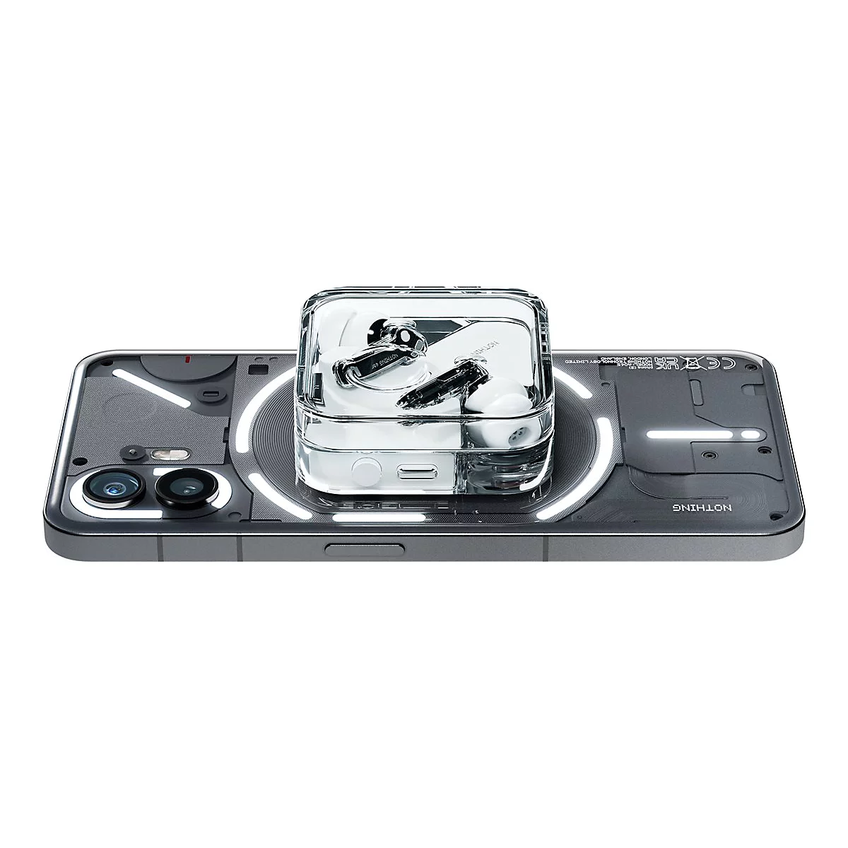 Ein Nothing Phone liegt flach, darauf steht ein transparentes Ladecase mit Nothing Ear Ohrhörern.