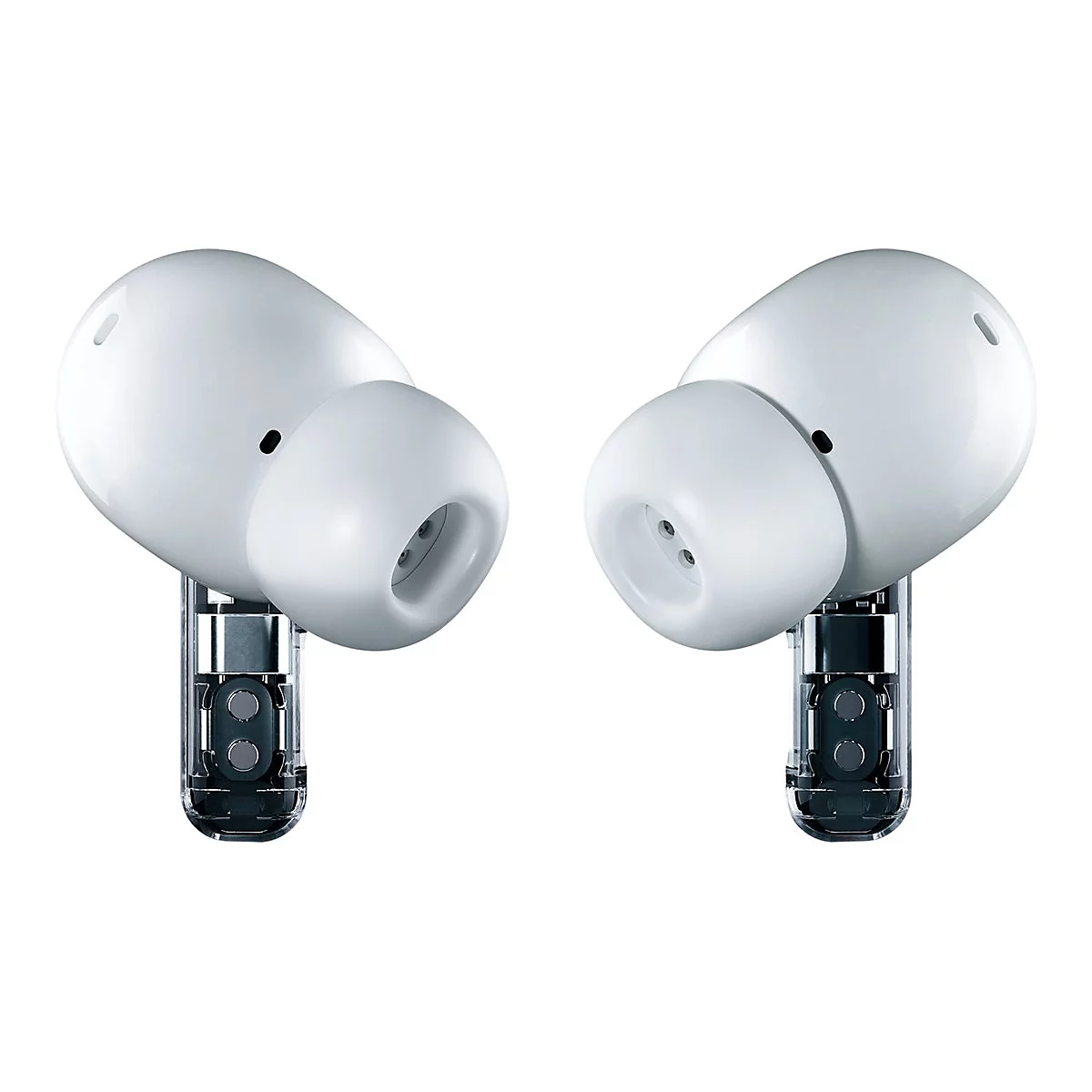 Zwei weiße In-Ear-Kopfhörer mit transparenten Stielen vor weißem Hintergrund.